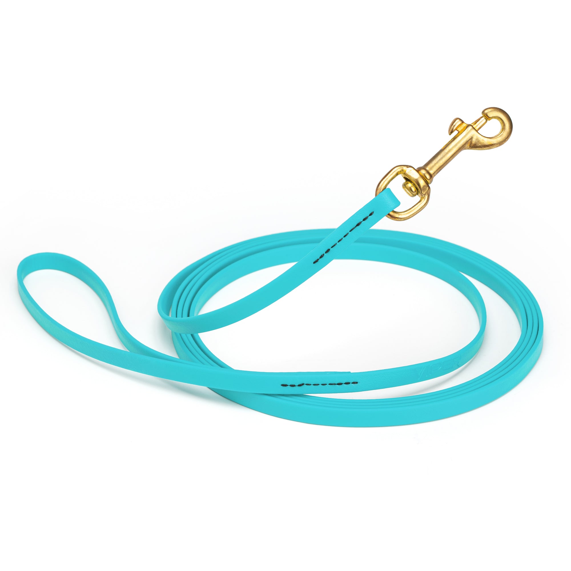 Waterproof Sky Blue dog leash, 20 ft long, 3/8 in wide, made from Biothane with brass hardware