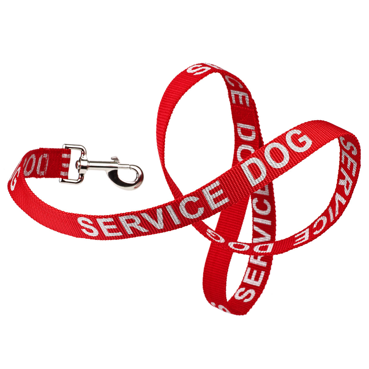 Red nylon dog leash with Service Dog lettering reflective text