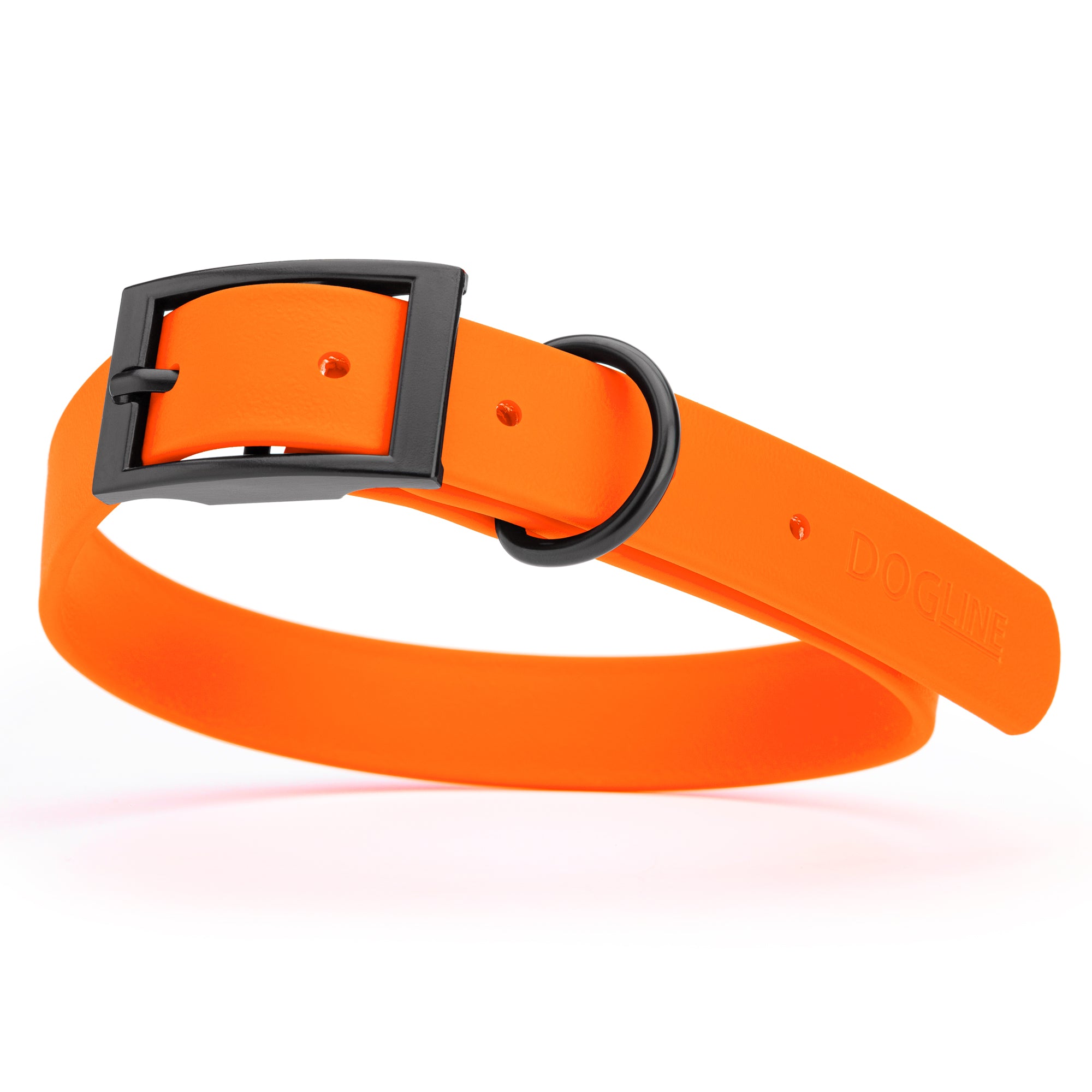 Hunter Orange Biothane dog collar with black metal buckle and D-ring, width: 1 inch, x-large