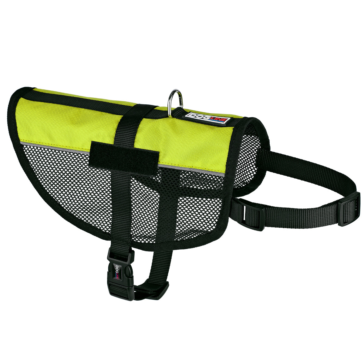 Lime green mesh dog vest harness with adjustable belly and chest straps, and loop backing for attaching two patches