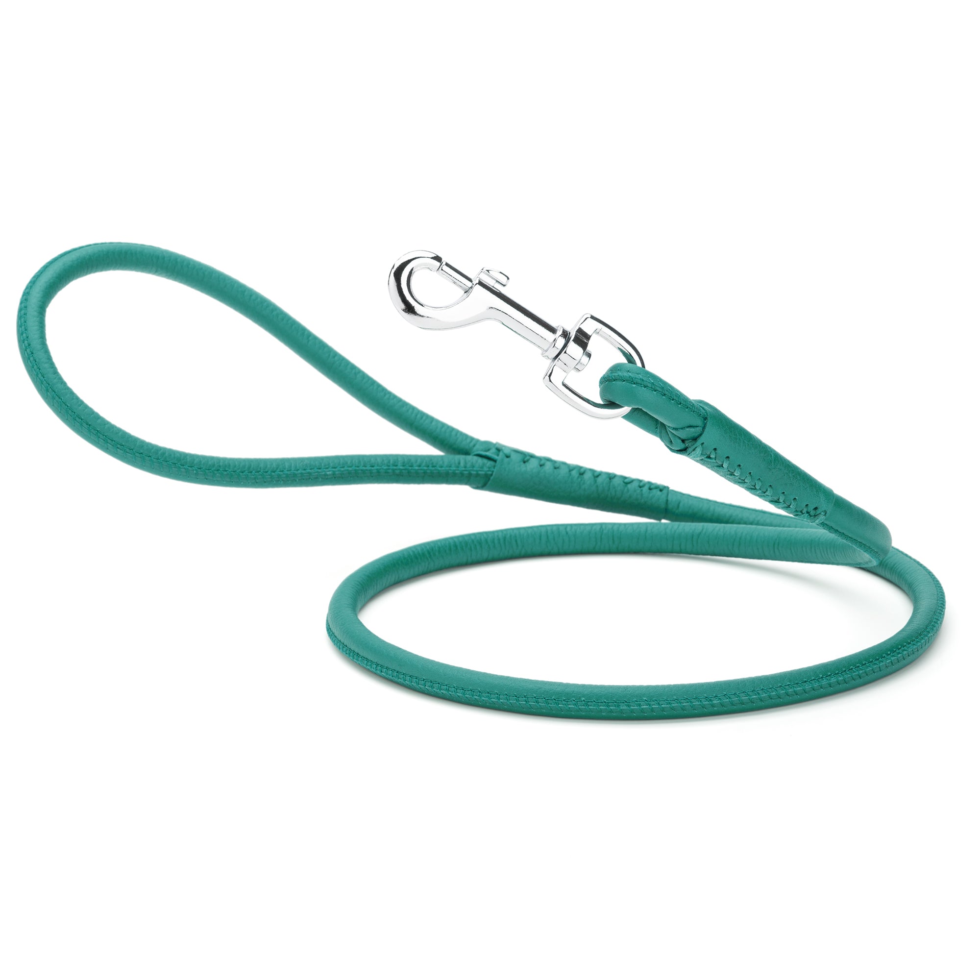 Teal leather dog leash with metal swivel snap hook, round design, 6 feet long