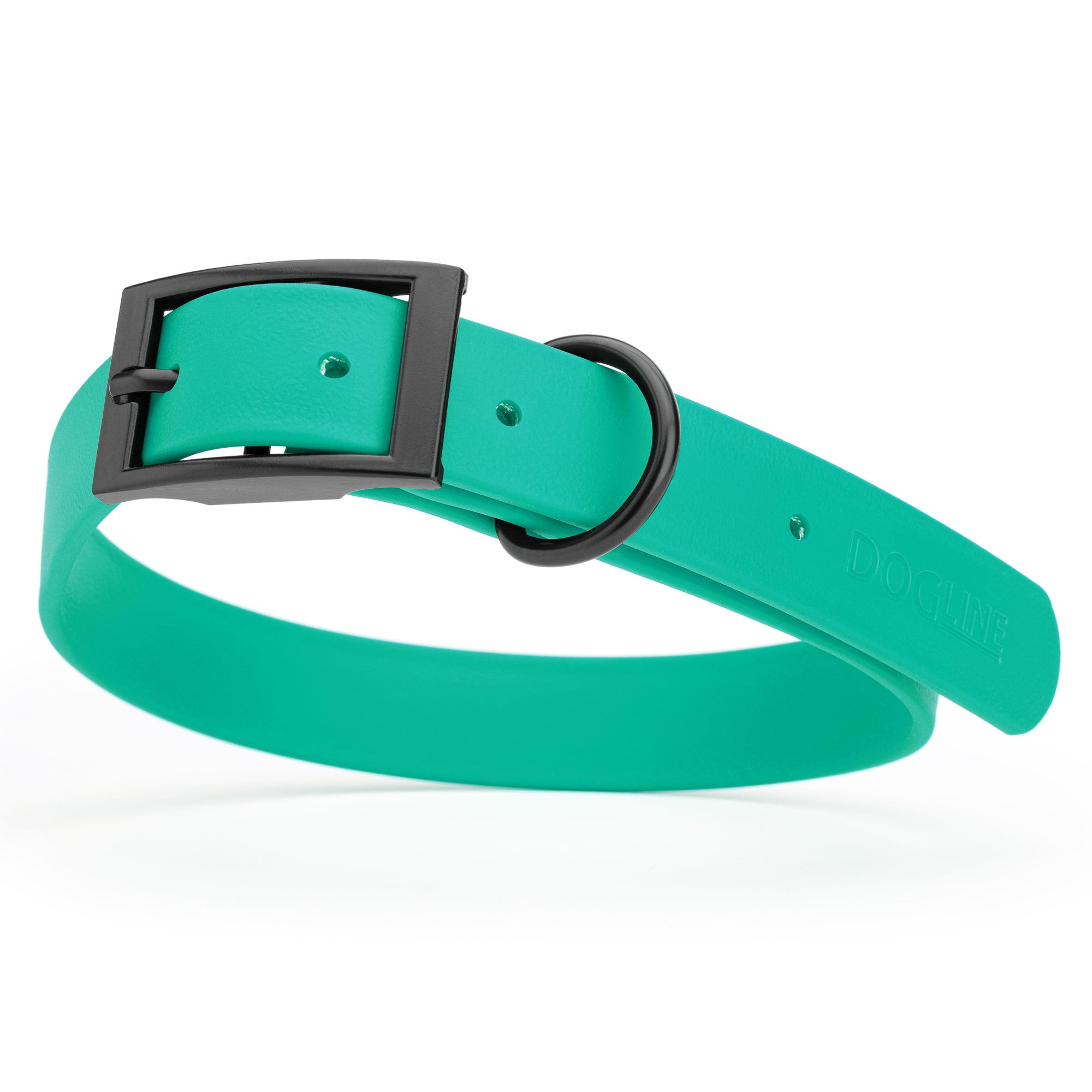 Waterproof Teal dog collar with black metal buckle and D-ring, made from Biothane, width: 1 inch, large
