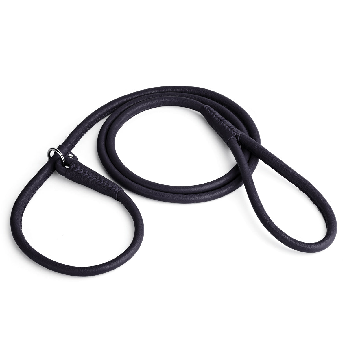 Black leather slip lead with metal stopper ring, 6 feet long