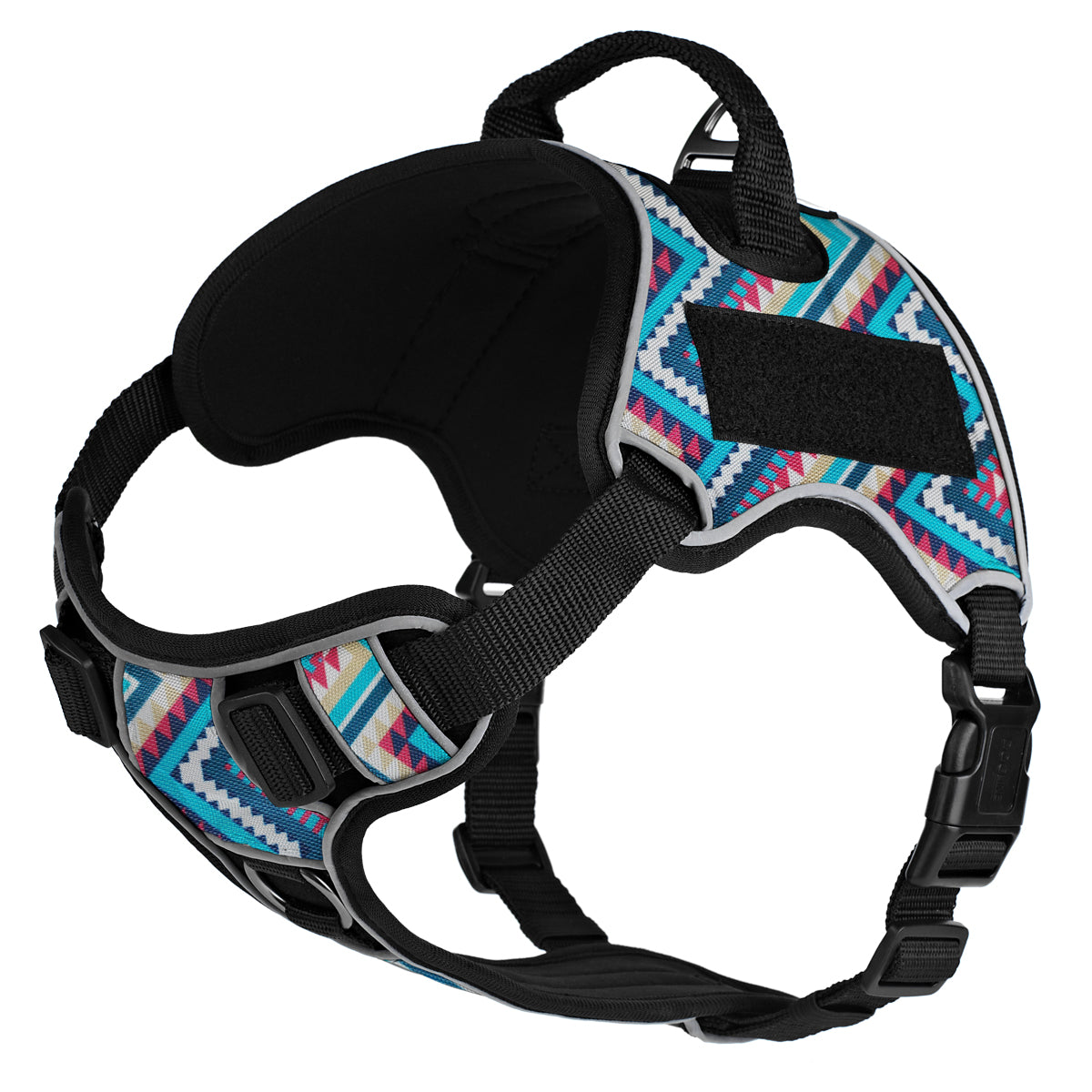 Aztec Design dog harness with adjustable straps, quick release buckle, top handle and loop backing for two removable patches