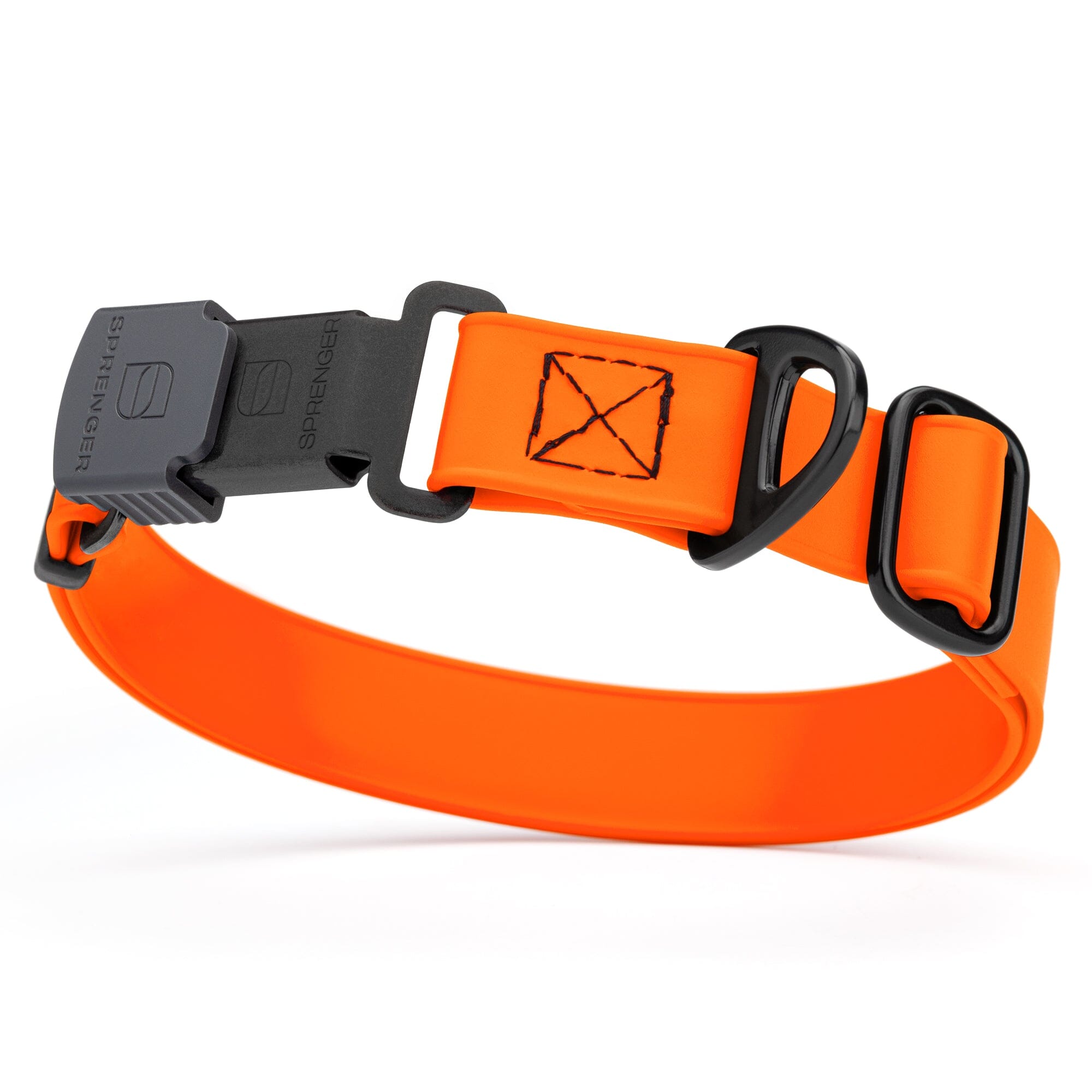 Hunter orange Biothane dog collar with black Herm Sprenger buckle and metal D-ring, waterproof and adjustable