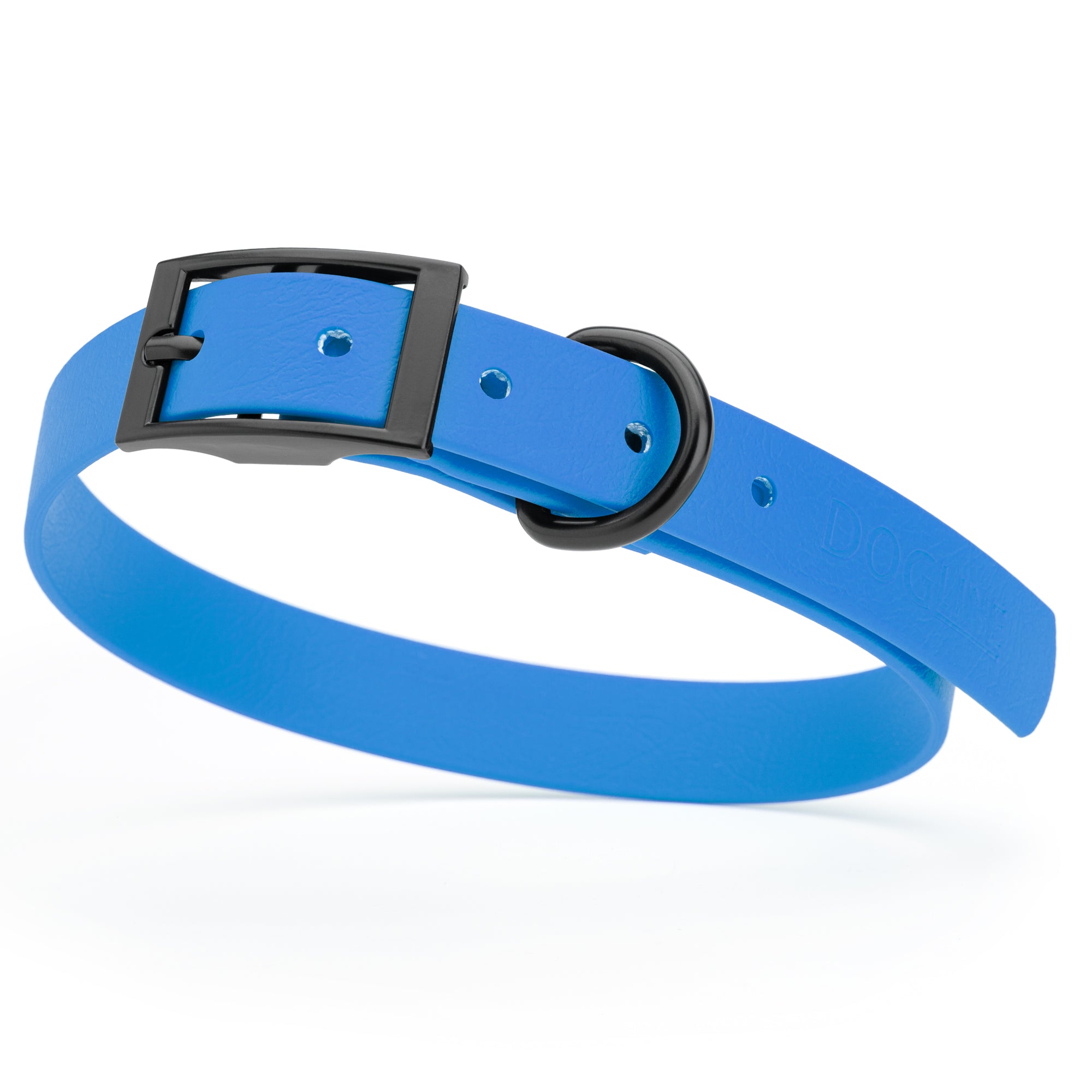 Cerulean Blue waterproof dog collar with black metal buckle and D-ring, made from BioThane, fits medium dogs