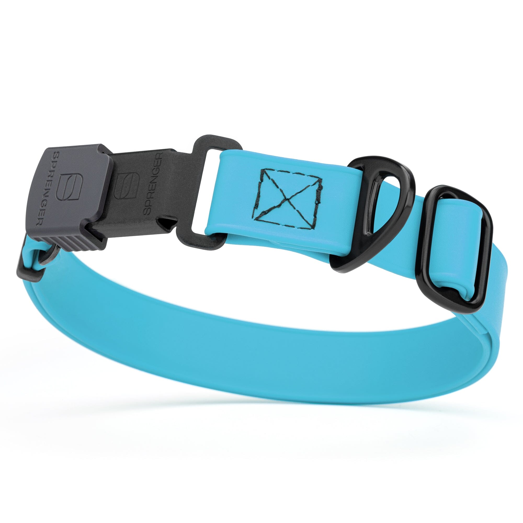 Sky blue Biothane dog collar with black Herm Sprenger buckle and metal D-ring, waterproof and adjustable