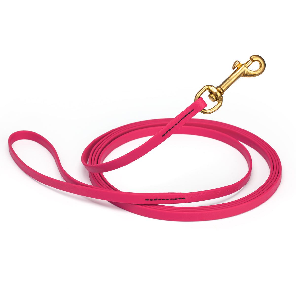 Waterproof Passionfruit Pink dog leash, 20 ft long, 3/8 in wide, made from Biothane with brass hardware