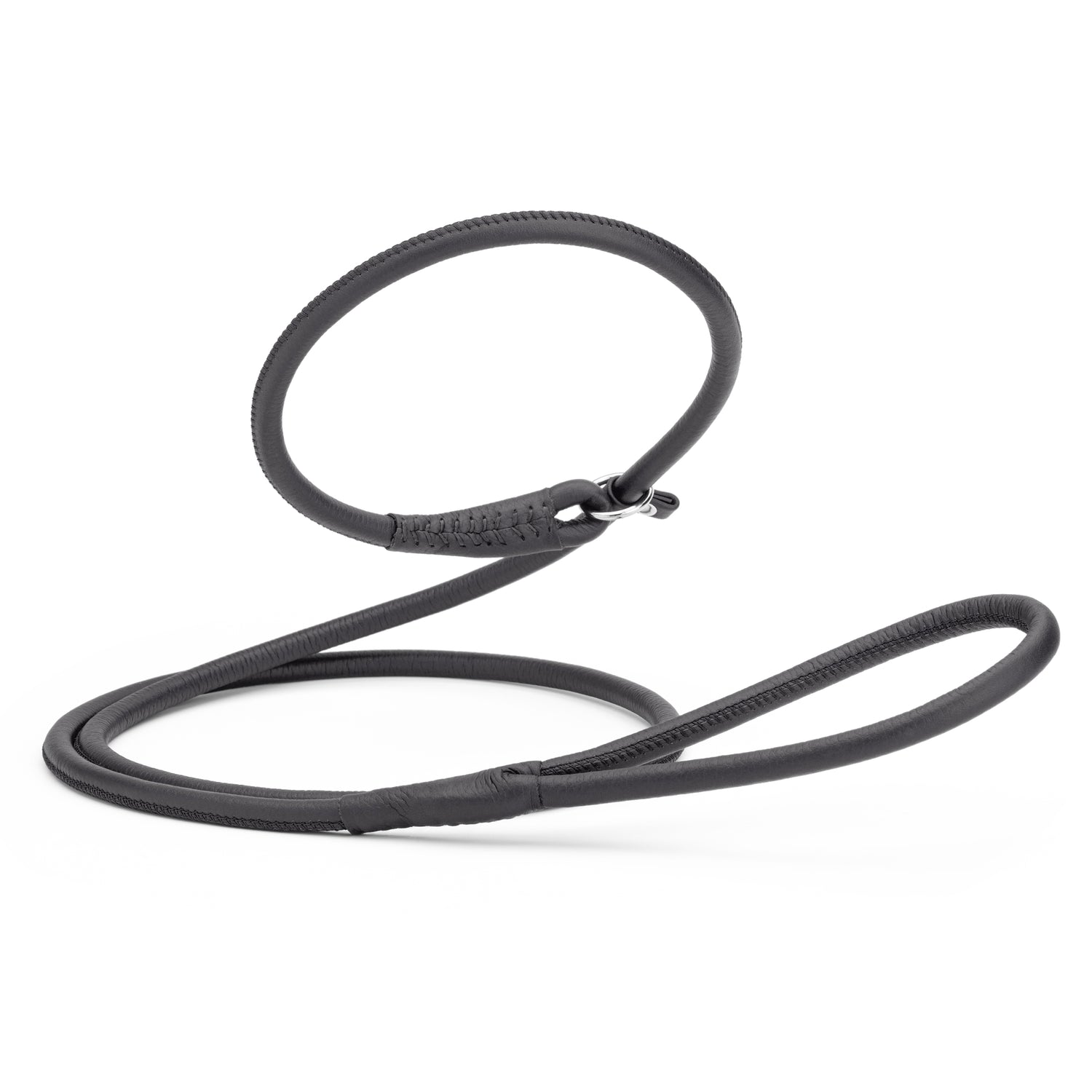 Black leather slip lead with metal stopper ring, 3 feet long