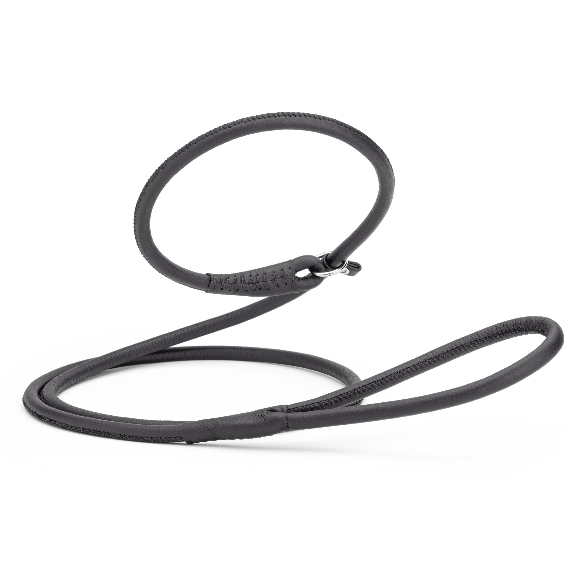 Black leather slip lead with metal stopper ring, 3 feet long