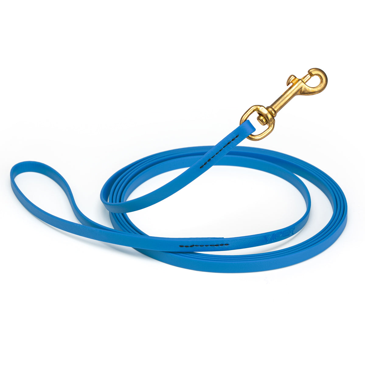 Waterproof Cerulean Blue dog leash, 20 ft long, 3/8 in wide, made from Biothane with brass hardware