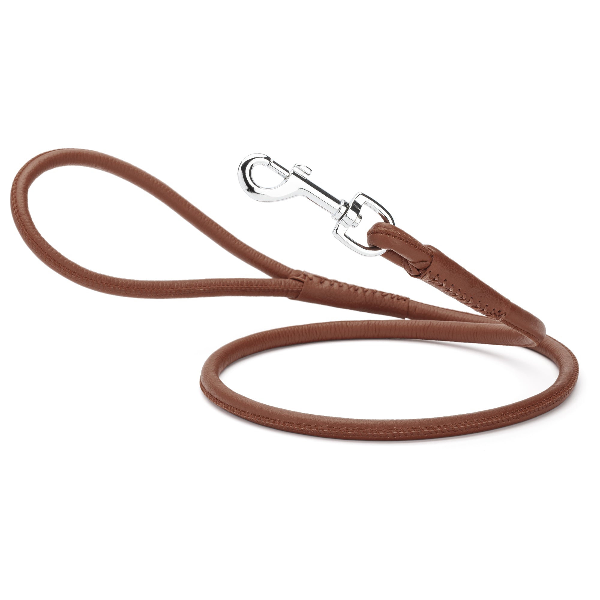 Brown leather dog leash with metal swivel snap hook, round design, 6 feet long