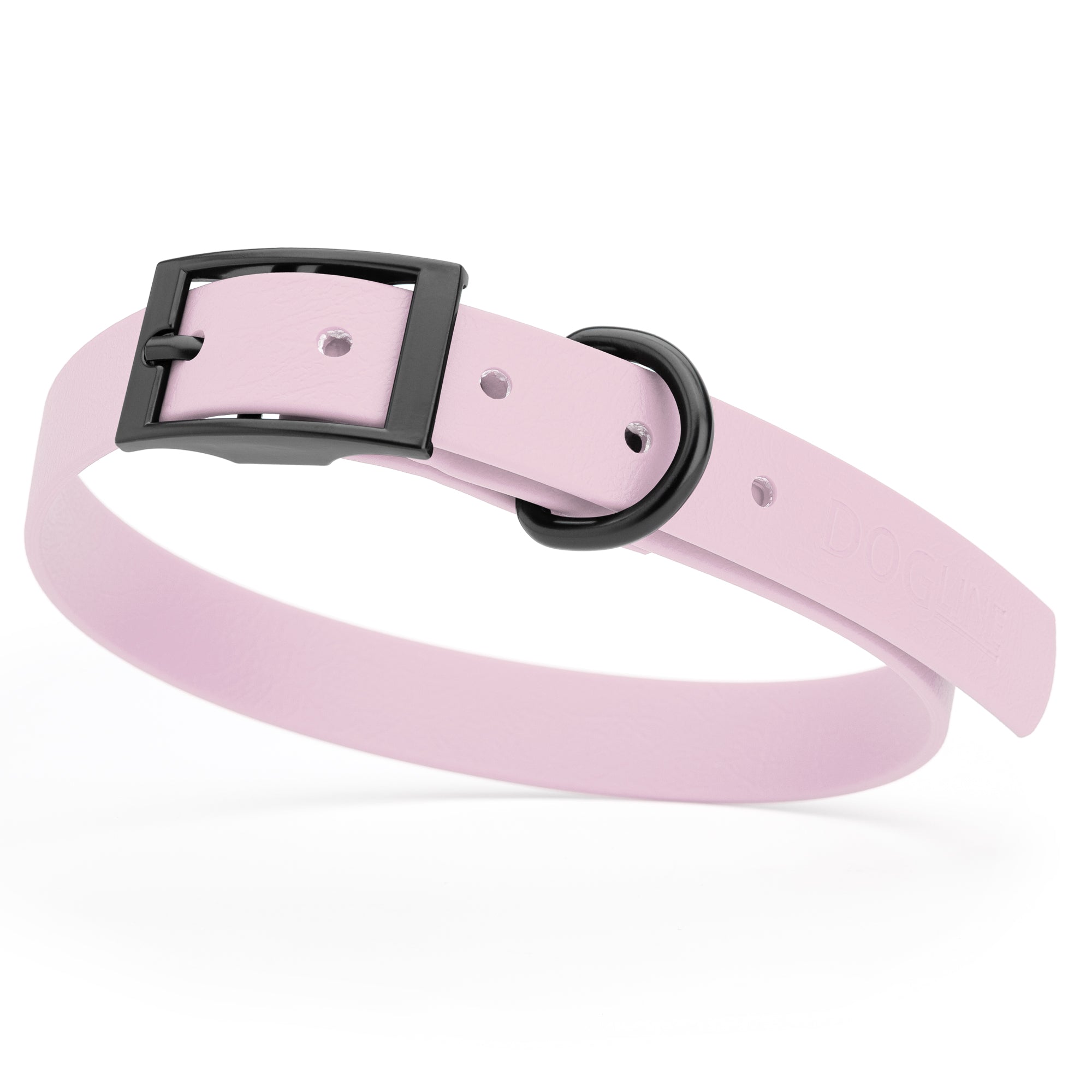 Pastel Purple waterproof dog collar with black metal buckle and D-ring, made from BioThane, fits medium dogs