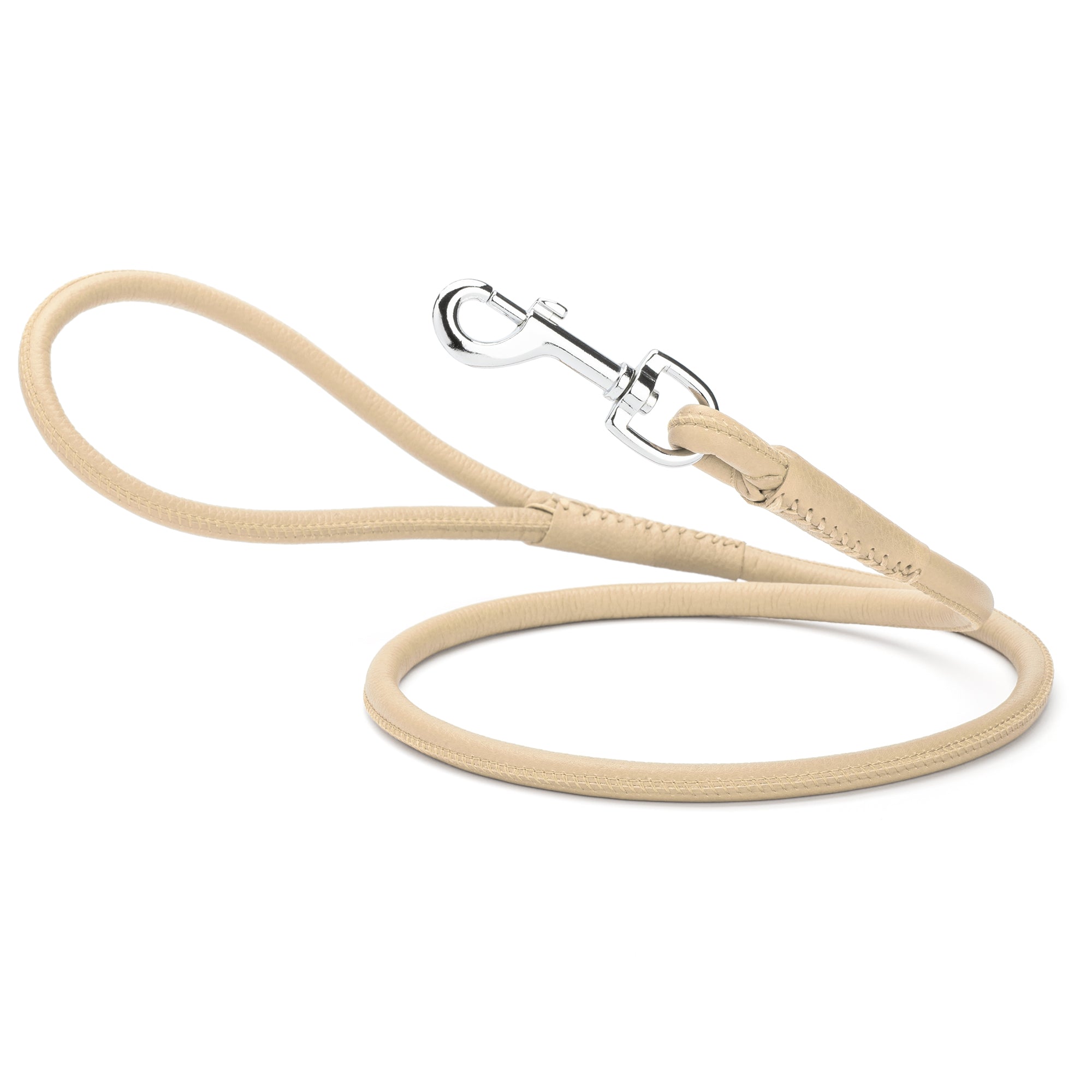 Beige leather dog leash with metal swivel snap hook, round design, 6 feet long