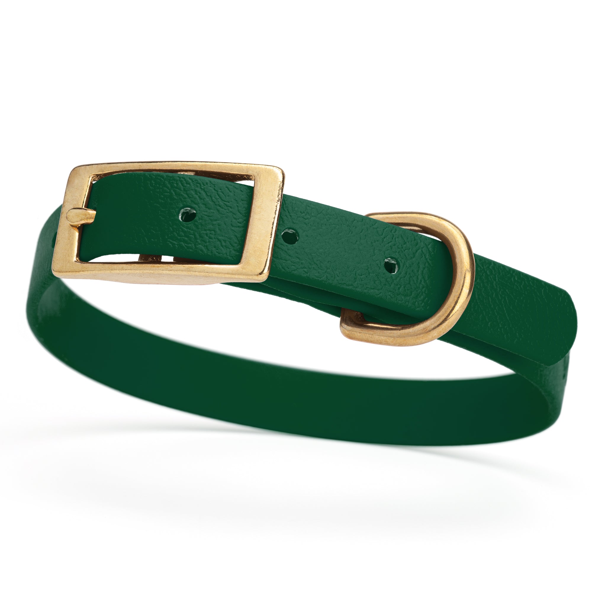 Hunter Green collar for small dogs with brass buckle and D-ring, made from waterproof and smell proof Biothane, width 3/4 inch