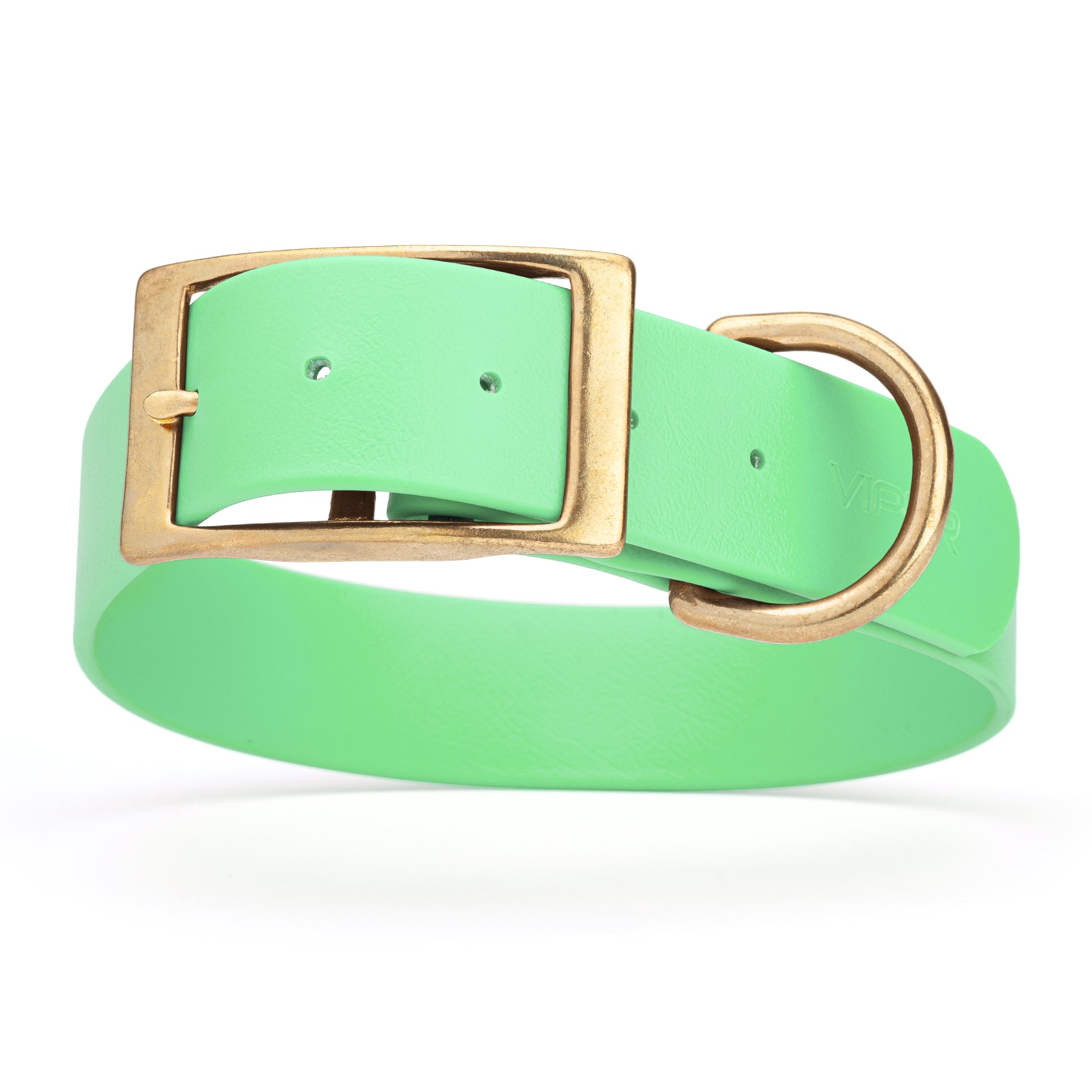 Seafoam Green dog collar with brass buckle and D-ring, made from waterproof Biothane, 1.5-inch wide, fits large and giant dogs