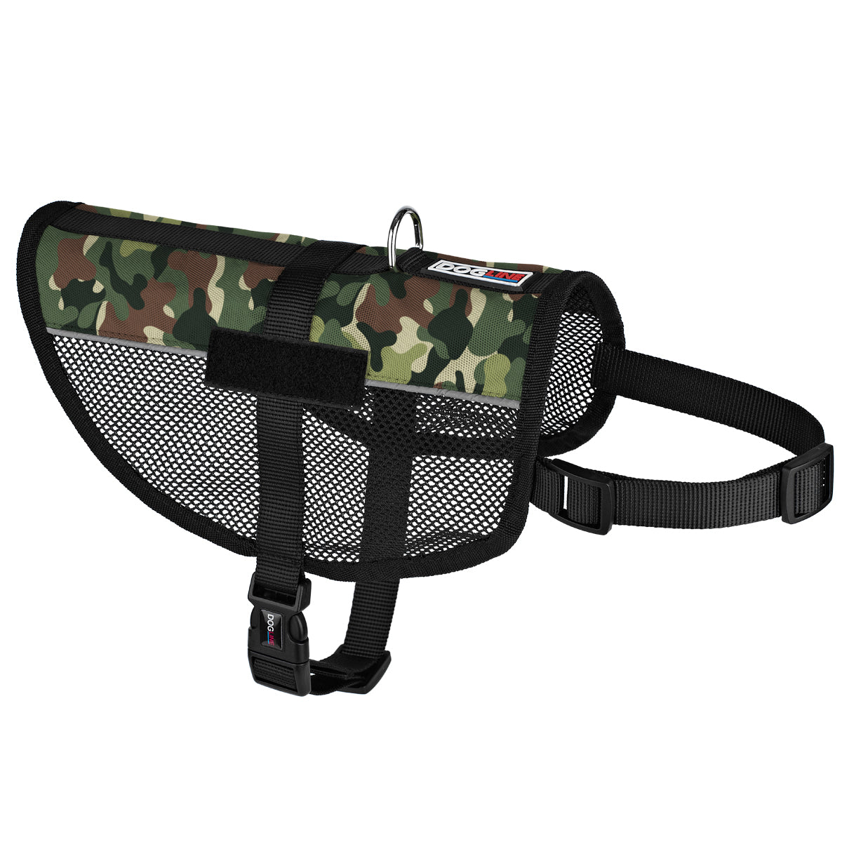 Green Camo mesh dog vest harness with adjustable belly and chest straps, and loop backing for attaching two patches