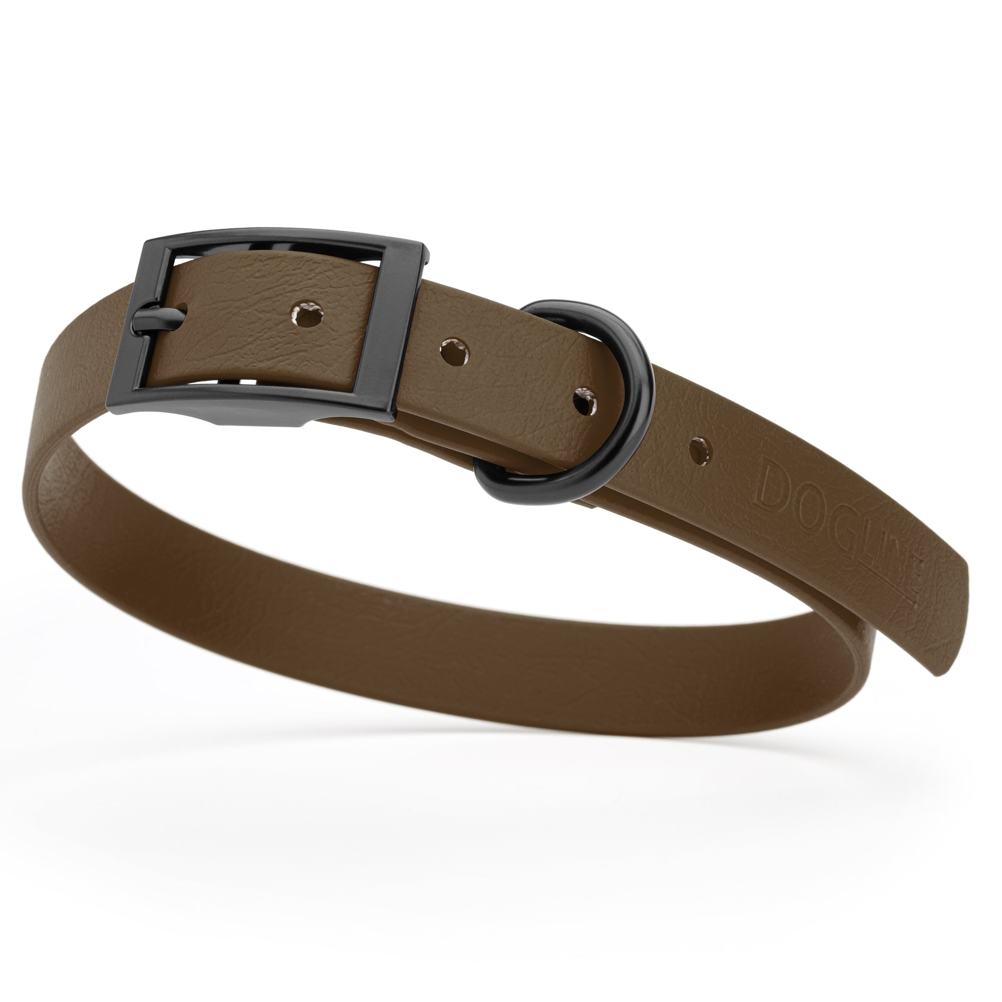 Dark Chocolate Brown waterproof dog collar with black metal buckle and D-ring, made from BioThane, fits medium dogs