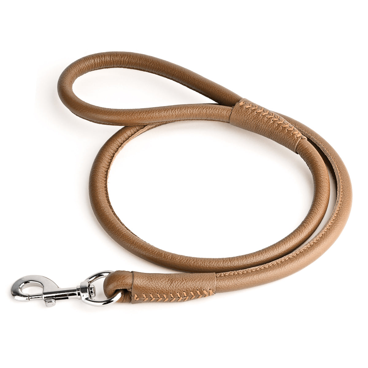 Brown leather dog leash with metal swivel snap hook, round design, 4 feet long