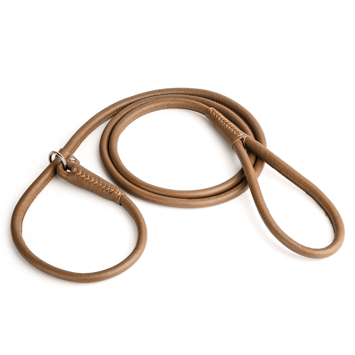 Brown leather slip lead with metal stopper ring, 6 feet long