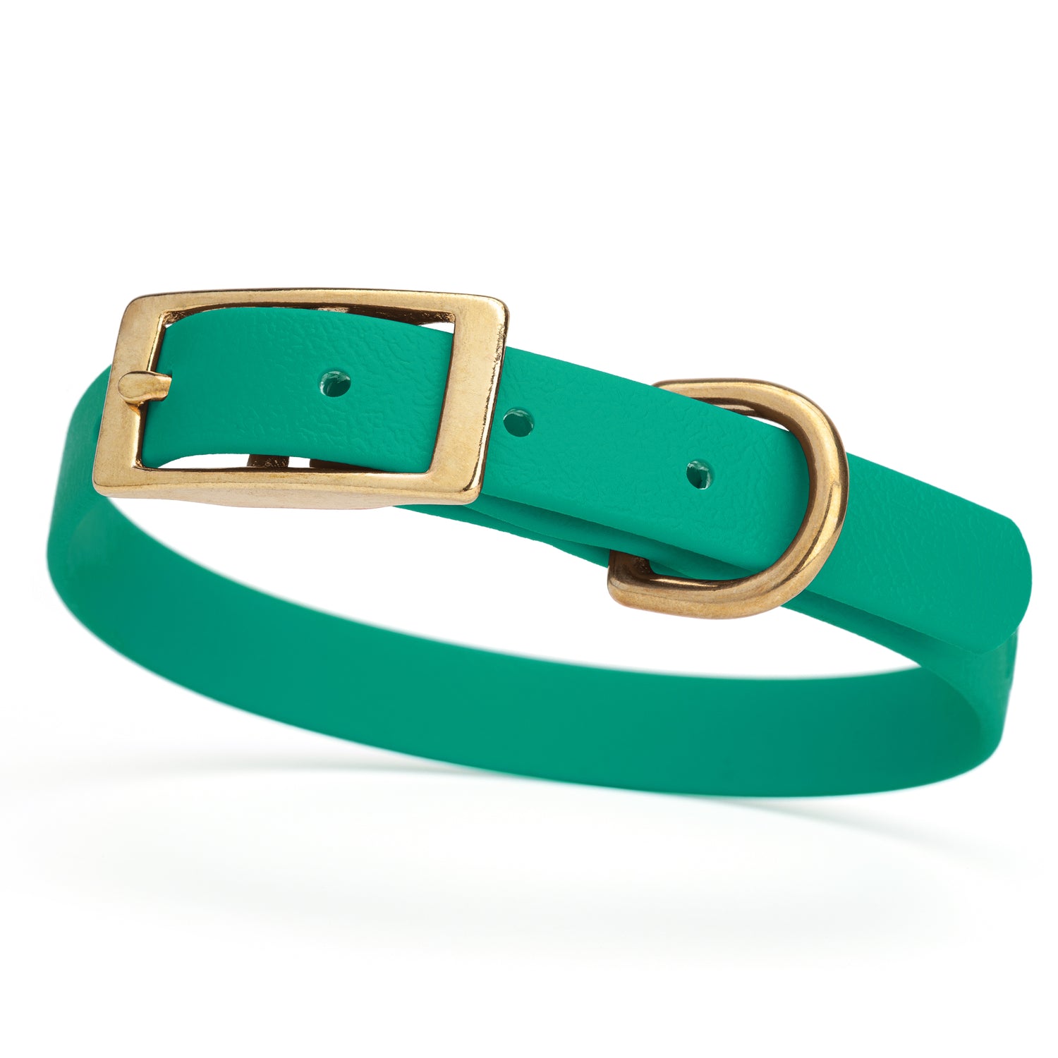 Teal collar for small dogs with brass buckle and D-ring, made from waterproof and smell proof Biothane, width 3/4 inch