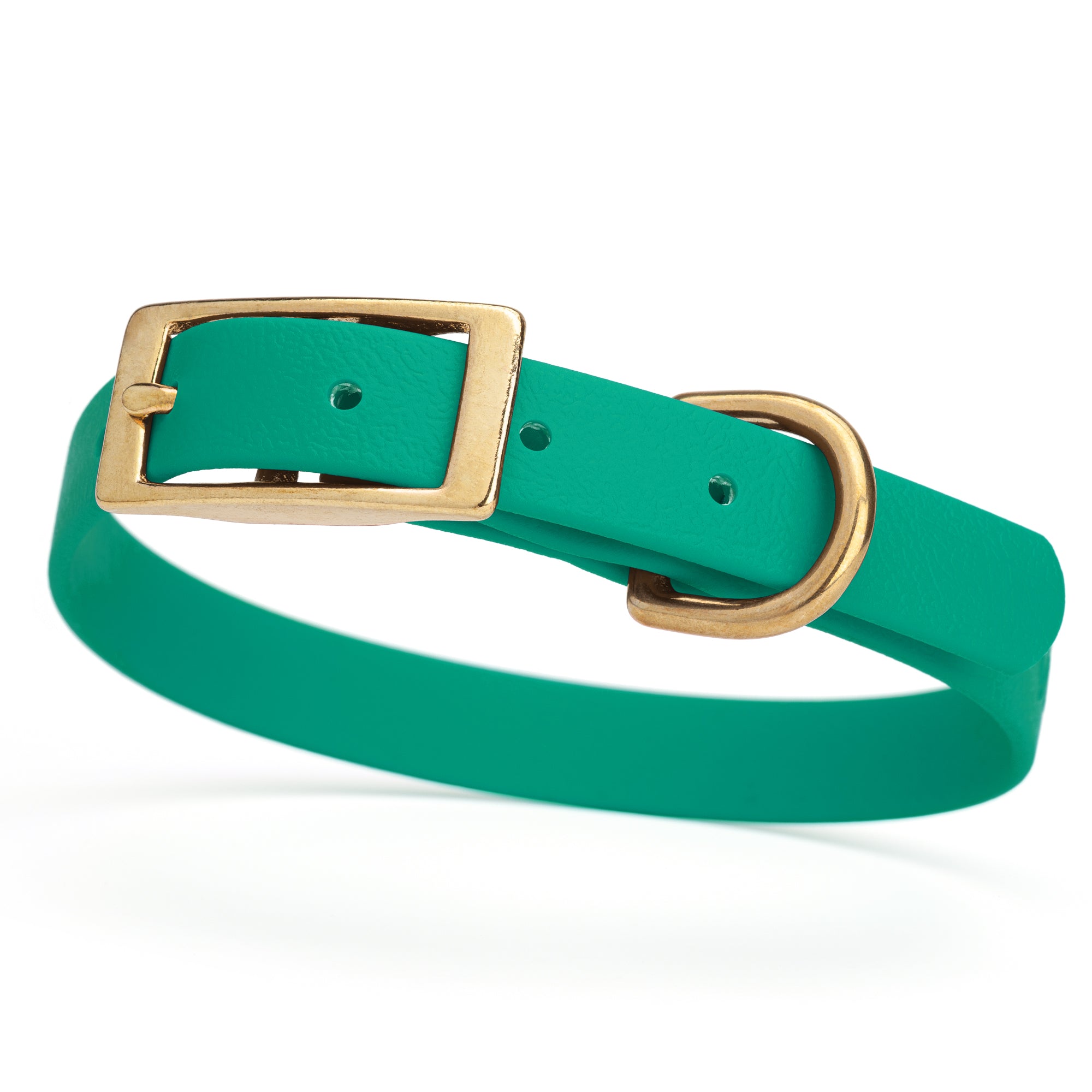 Teal collar for small dogs with brass buckle and D-ring, made from waterproof and smell proof Biothane, width 3/4 inch