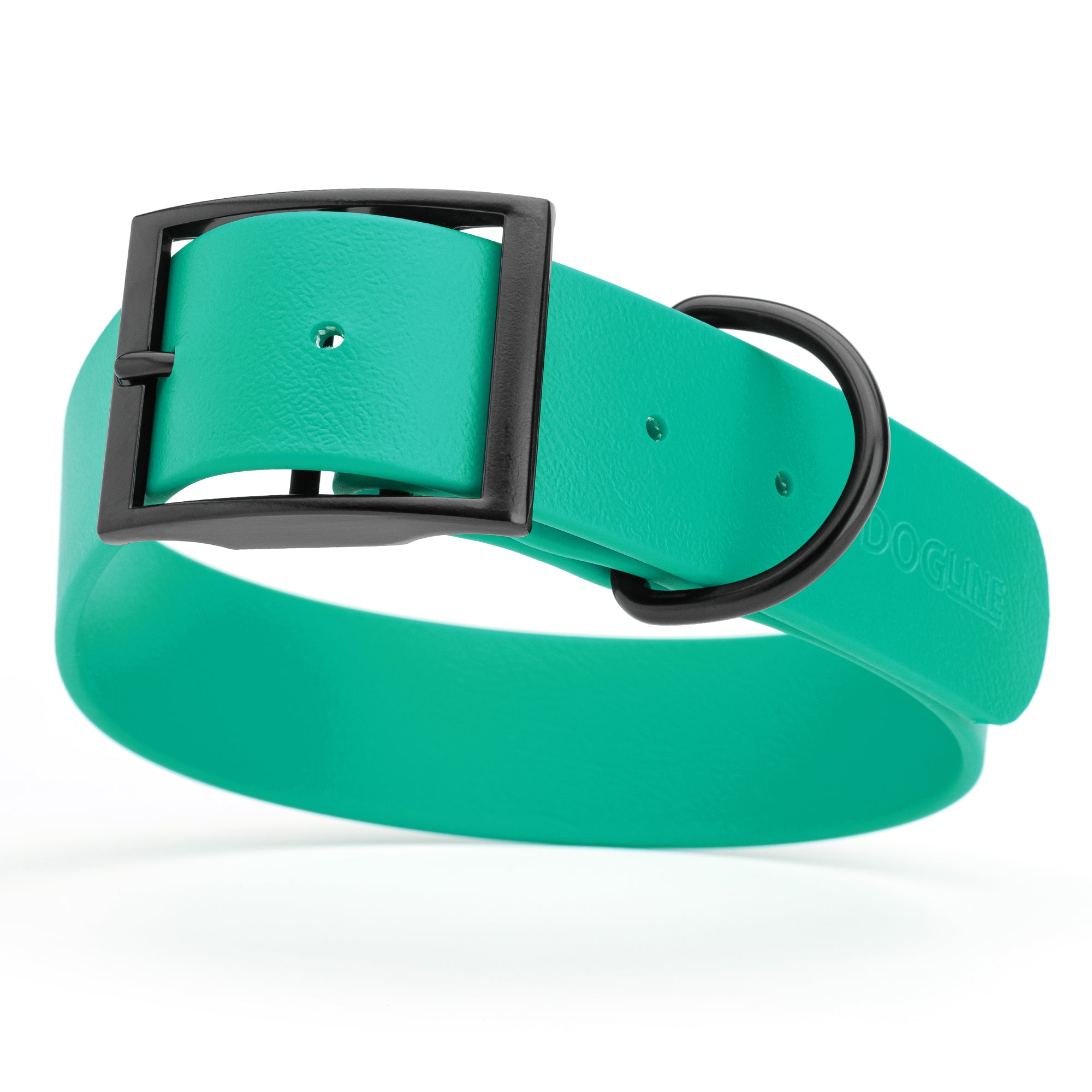 Teal Biothane waterproof collar for large and giant dogs, width 1.5 inches, black metal buckle and D-ring