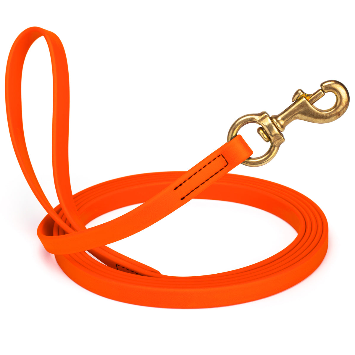Hunter Orange waterproof dog leash, 20 ft long, 5/8 in wide, made from Biothane with brass hardware