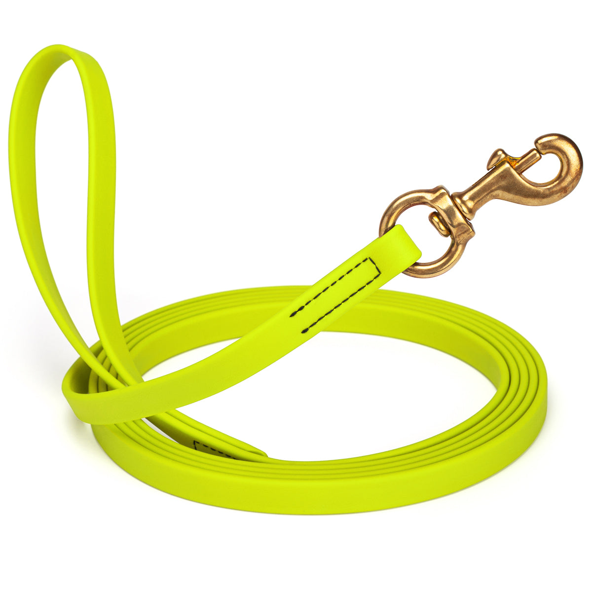 Safety Yellow waterproof dog leash, 20 ft long, 5/8 in wide, made from Biothane with brass hardware