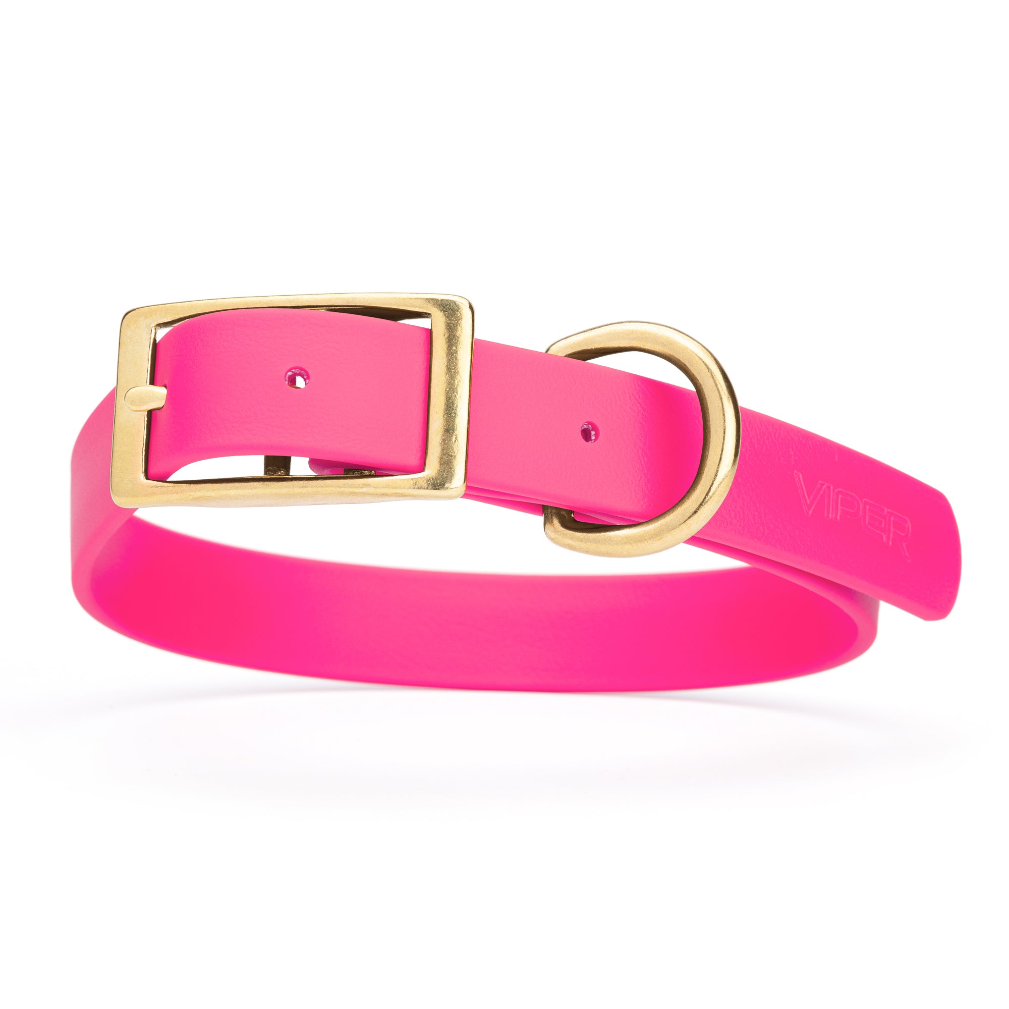 Passionfruit Pink dog collar with brass buckle and D-ring, made from waterproof Biothane, 1-inch wide, fits medium and large dogs