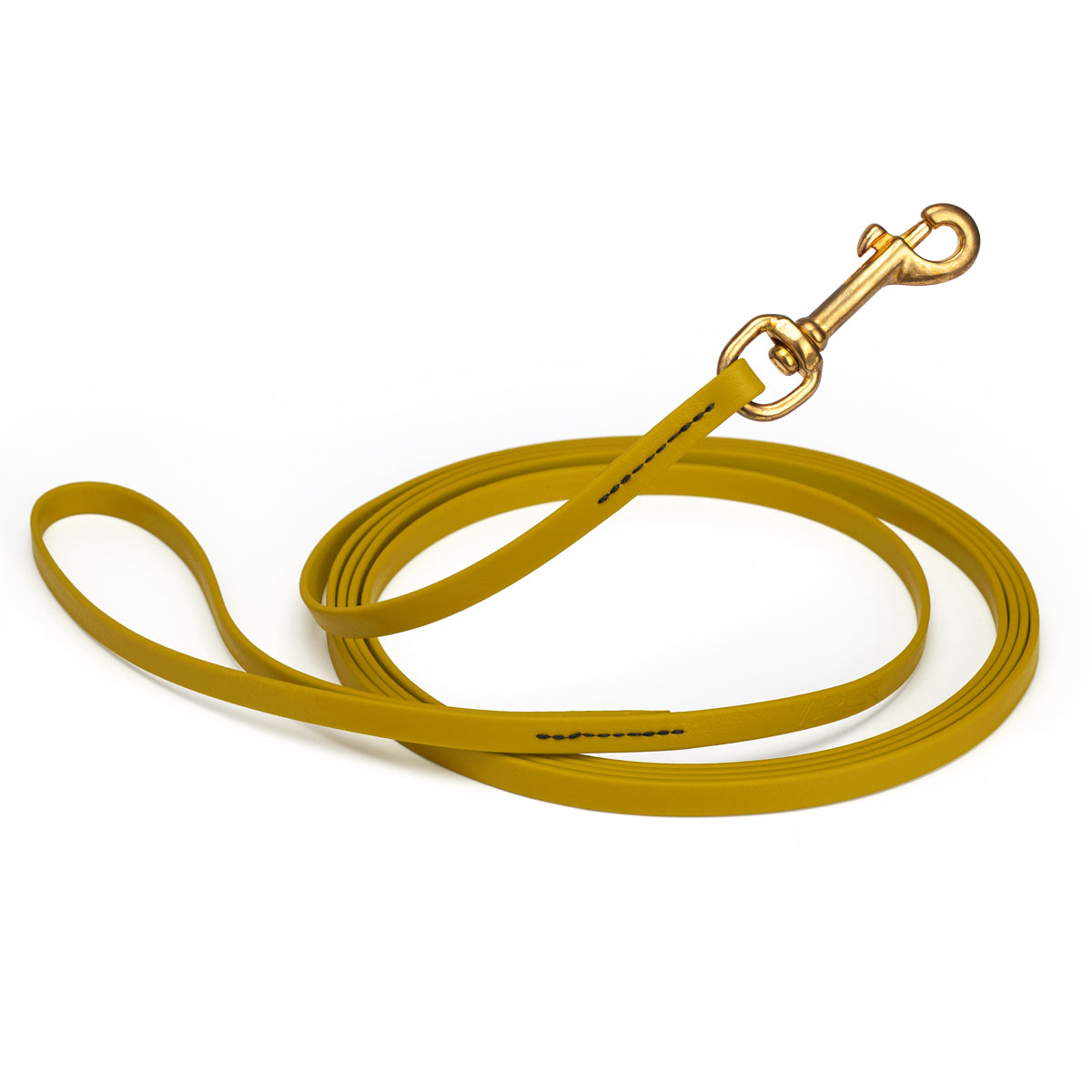 Treasure Gold Biothane dog leash with brass swivel snap hook, 3/8 inch wide, 33 feet long