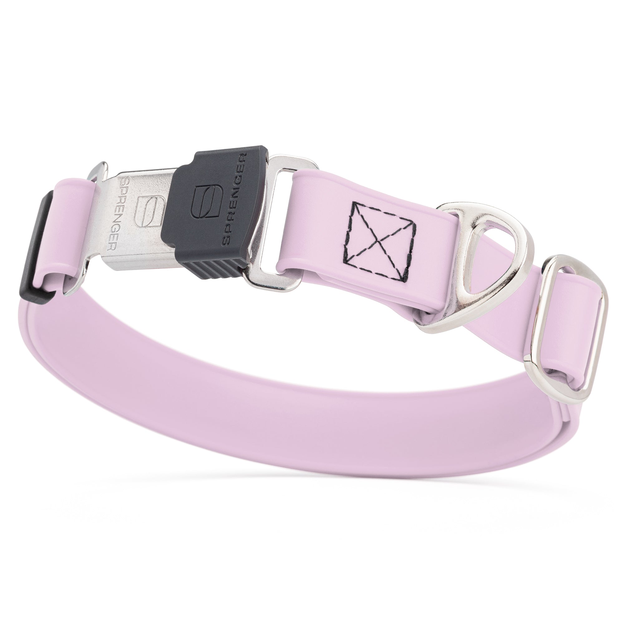 Pastel purple dog collar with stainless steel Herm Sprenger buckle and metal D-ring, made from waterproof Biothane, adjustable