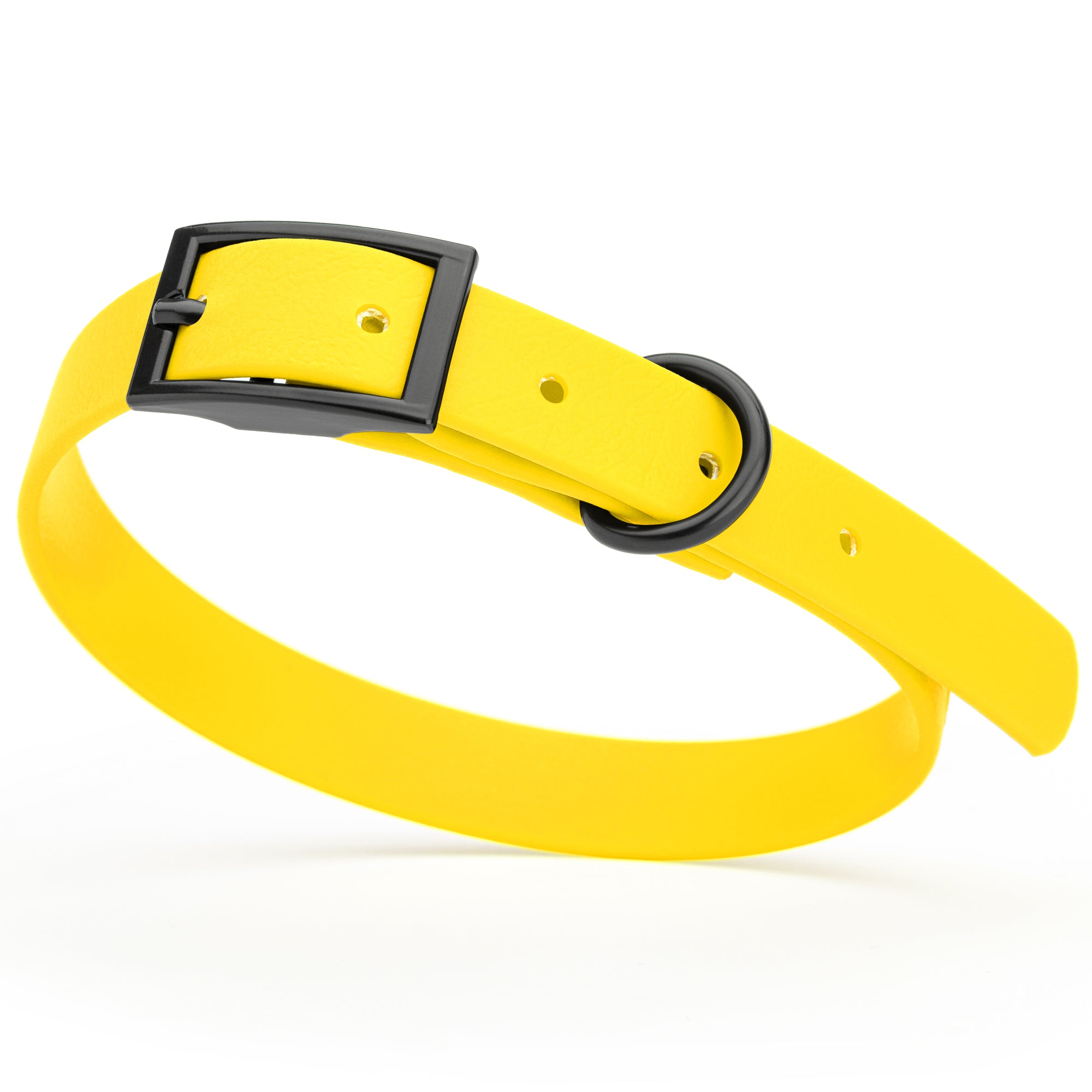 Lemon Yellow Biothane dog collar with black metal buckle and D-ring, width 5/8 inches, fits small dogs