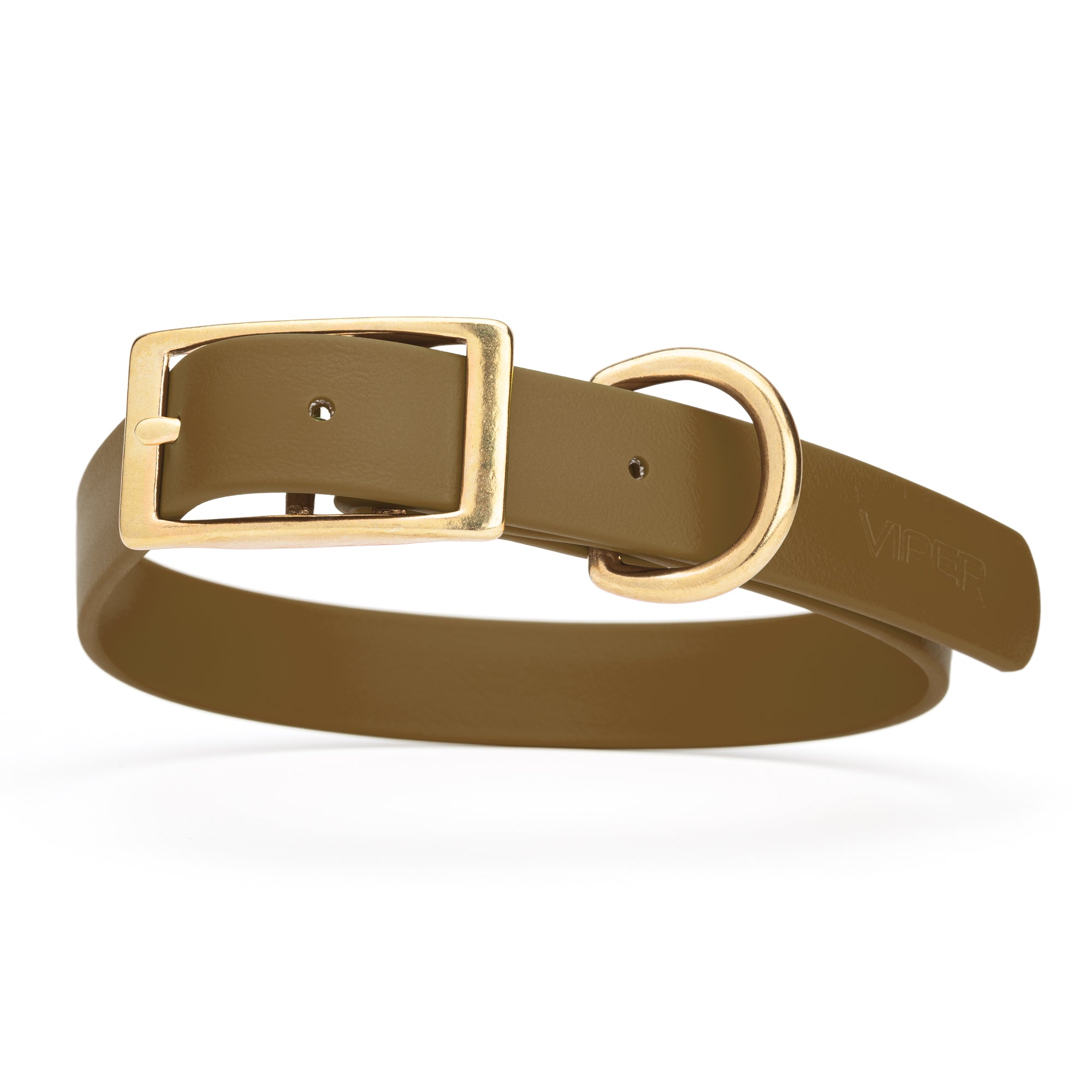 Coyote Brown dog collar with brass buckle and D-ring, made from waterproof Biothane, 1-inch wide, fits medium and large dogs