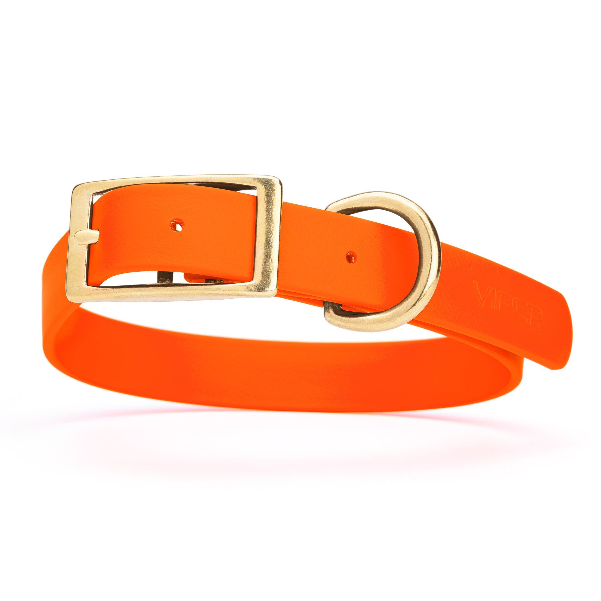 Hunter Orange dog collar with brass buckle and D-ring, made from waterproof Biothane, 1-inch wide, fits medium and large dogs