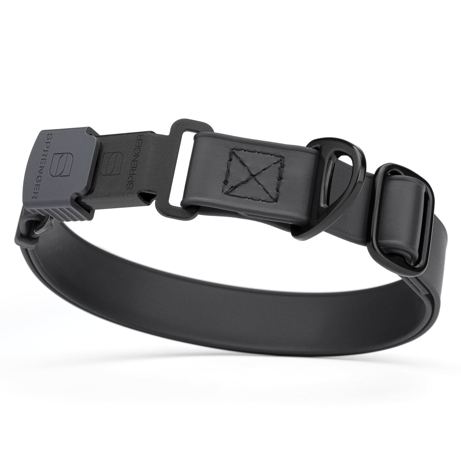 Black Biothane dog collar with black Herm Sprenger buckle and metal D-ring, waterproof and adjustable