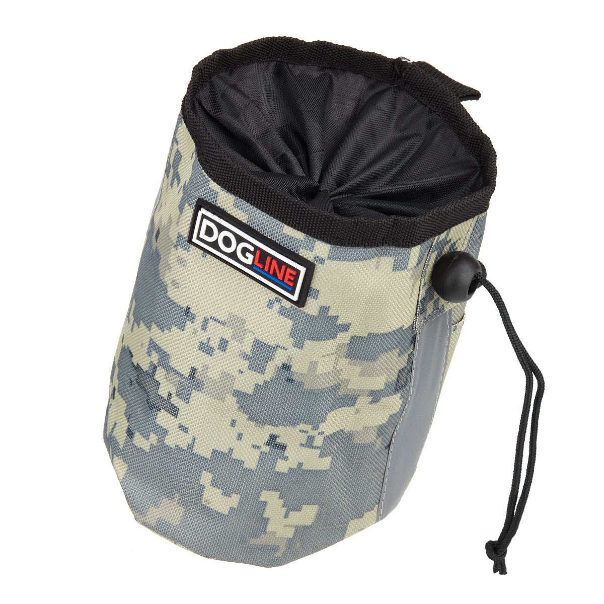 Urban Camo dog treat pouch with drawstring, reflective strip and waste bag dispenser