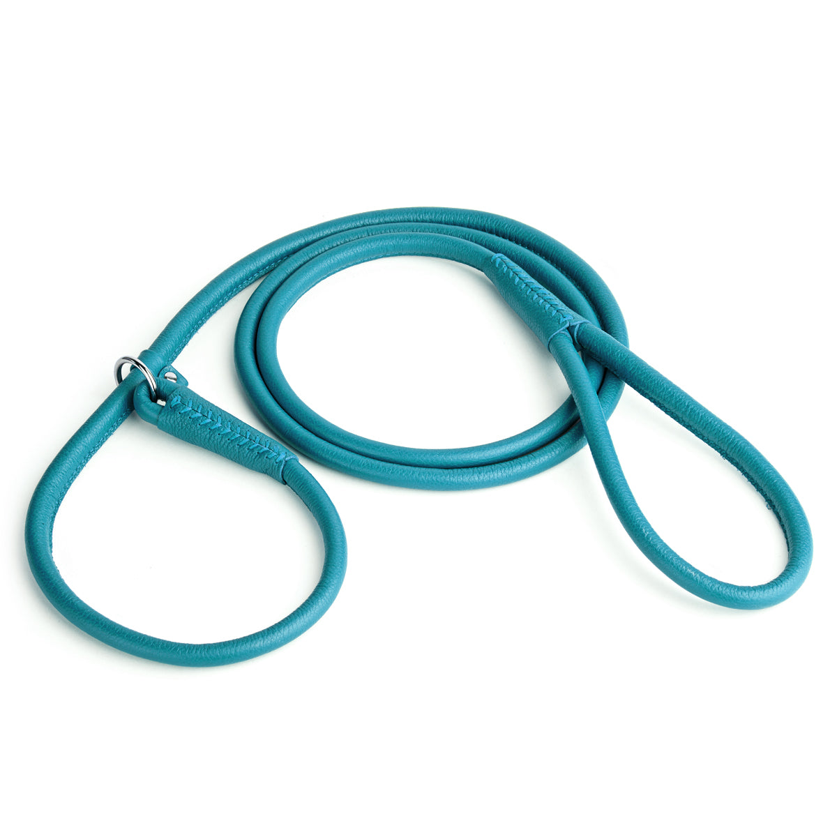 Teal leather slip lead with metal stopper ring, 6 feet long