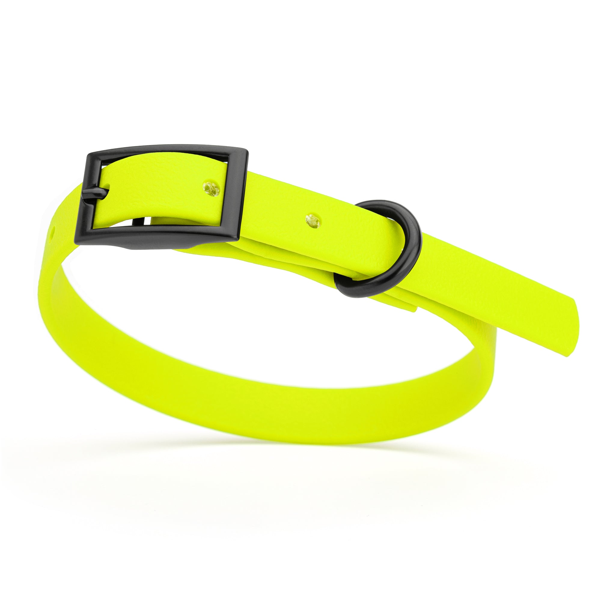 Safety Yellow dog collar with black buckle and D-ring, made from waterproof Biothane, x-small