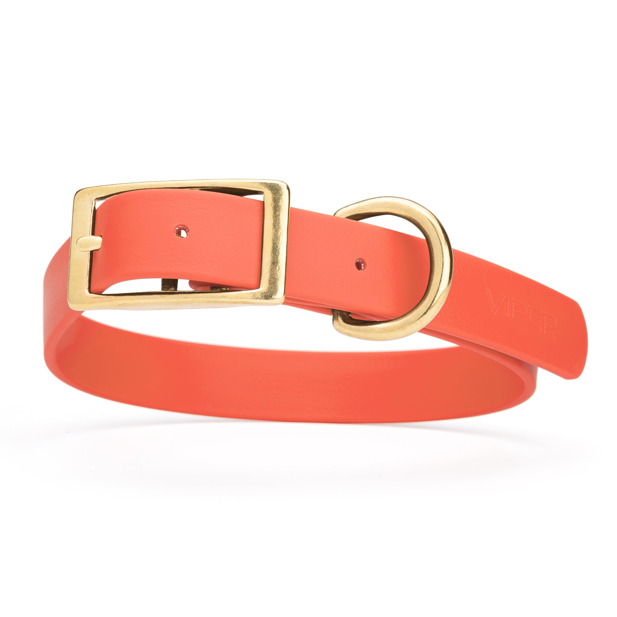 Coral dog collar with brass hardware, made from waterproof Biothane, 1-inch wide, fits large dogs