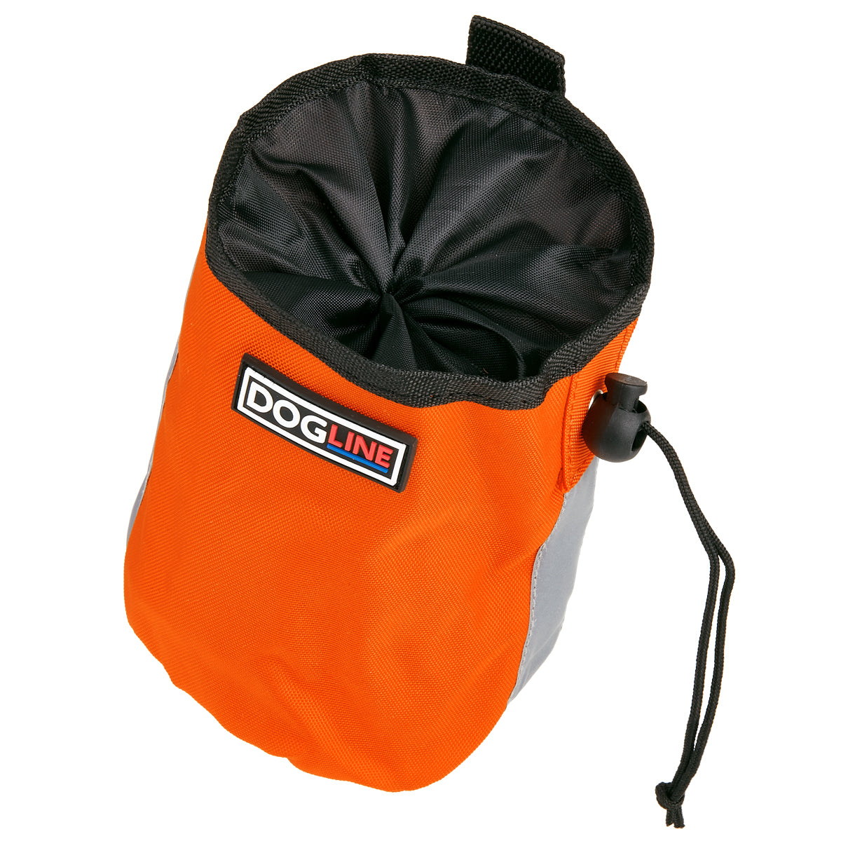 Orange dog treat pouch with drawstring, reflective strip and waste bag dispenser