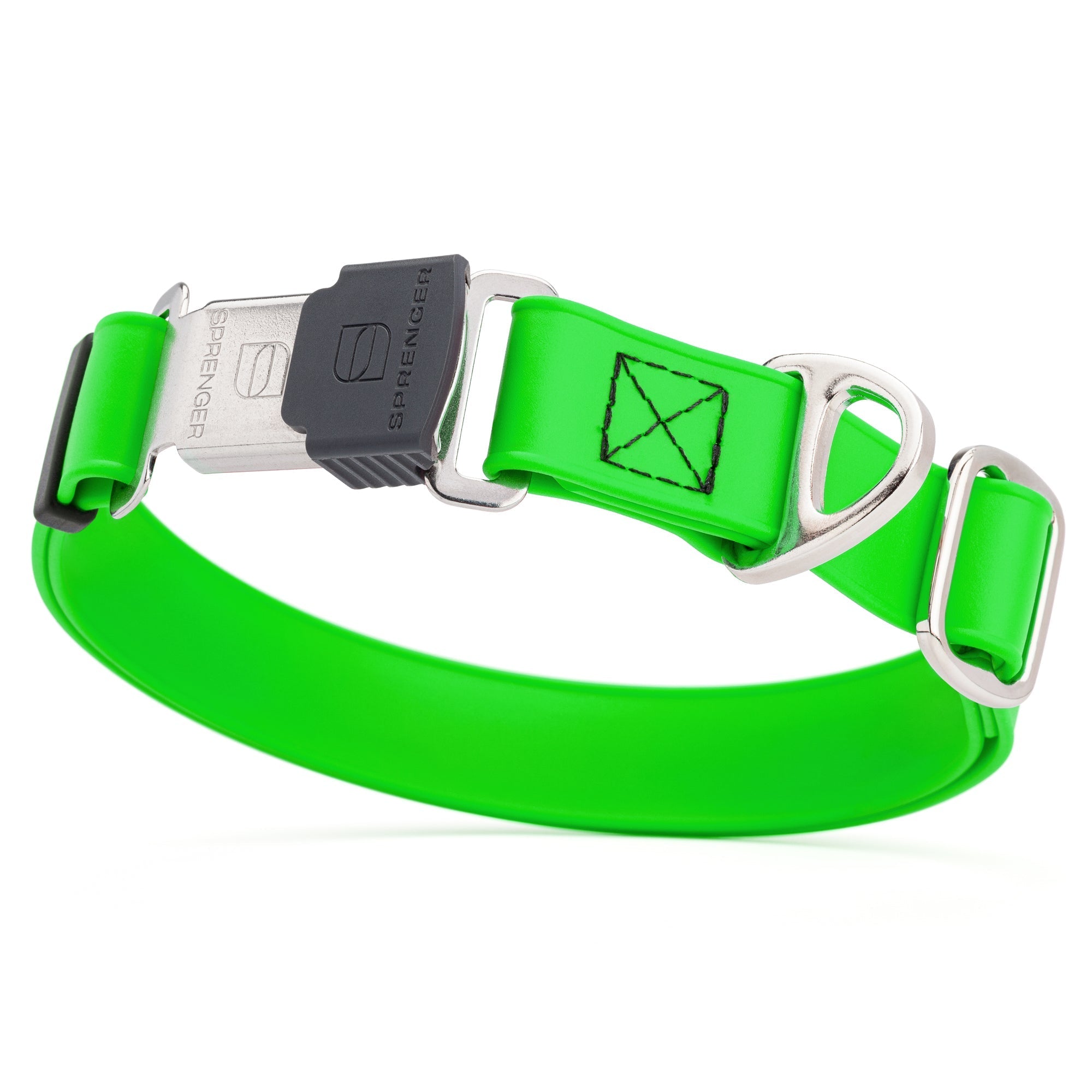 Tropical green dog collar with stainless steel Herm Sprenger buckle and metal D-ring, made from waterproof Biothane, adjustable