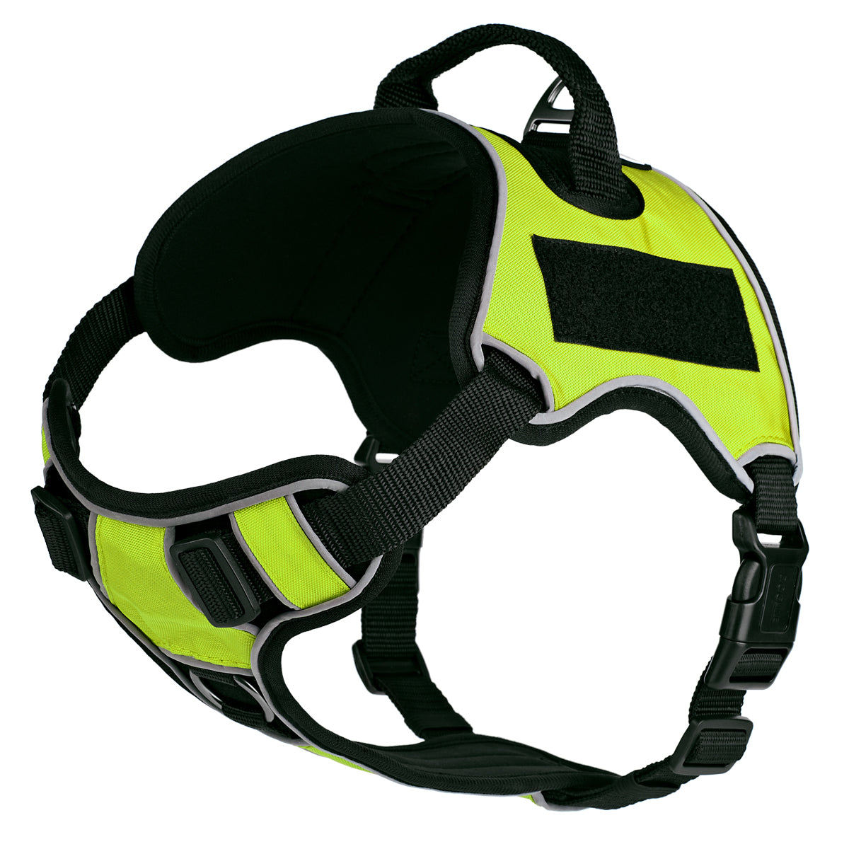 Lime Green dog harness with adjustable straps, quick release buckle, top handle and loop backing for two removable patches