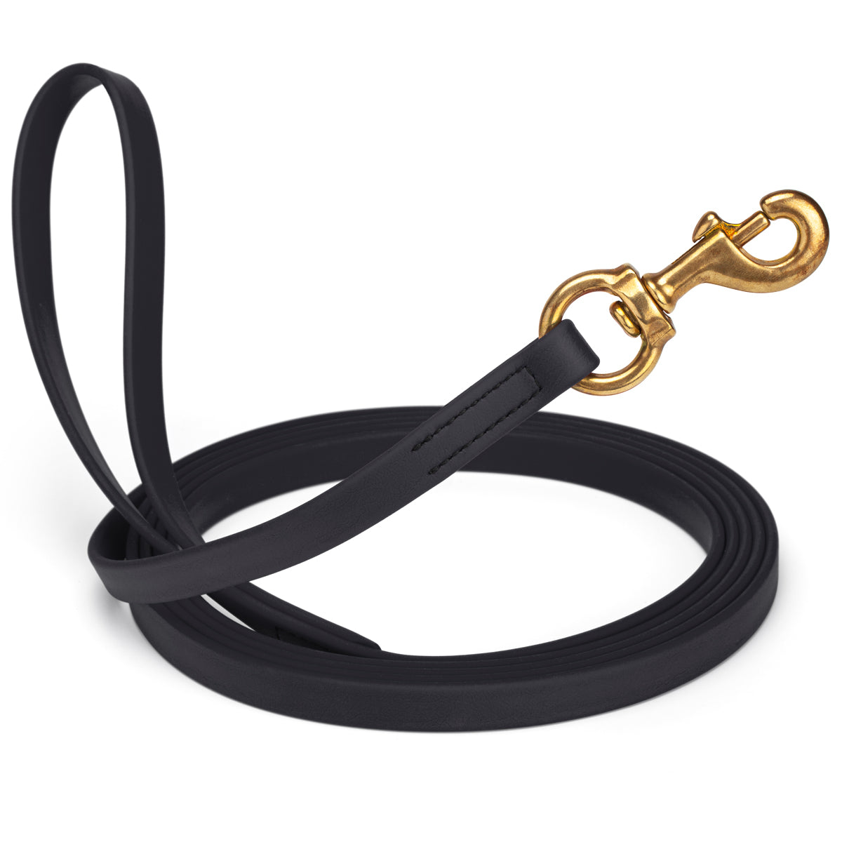 Black waterproof dog leash, 20 ft long, 5/8 in wide, made from Biothane with brass hardware