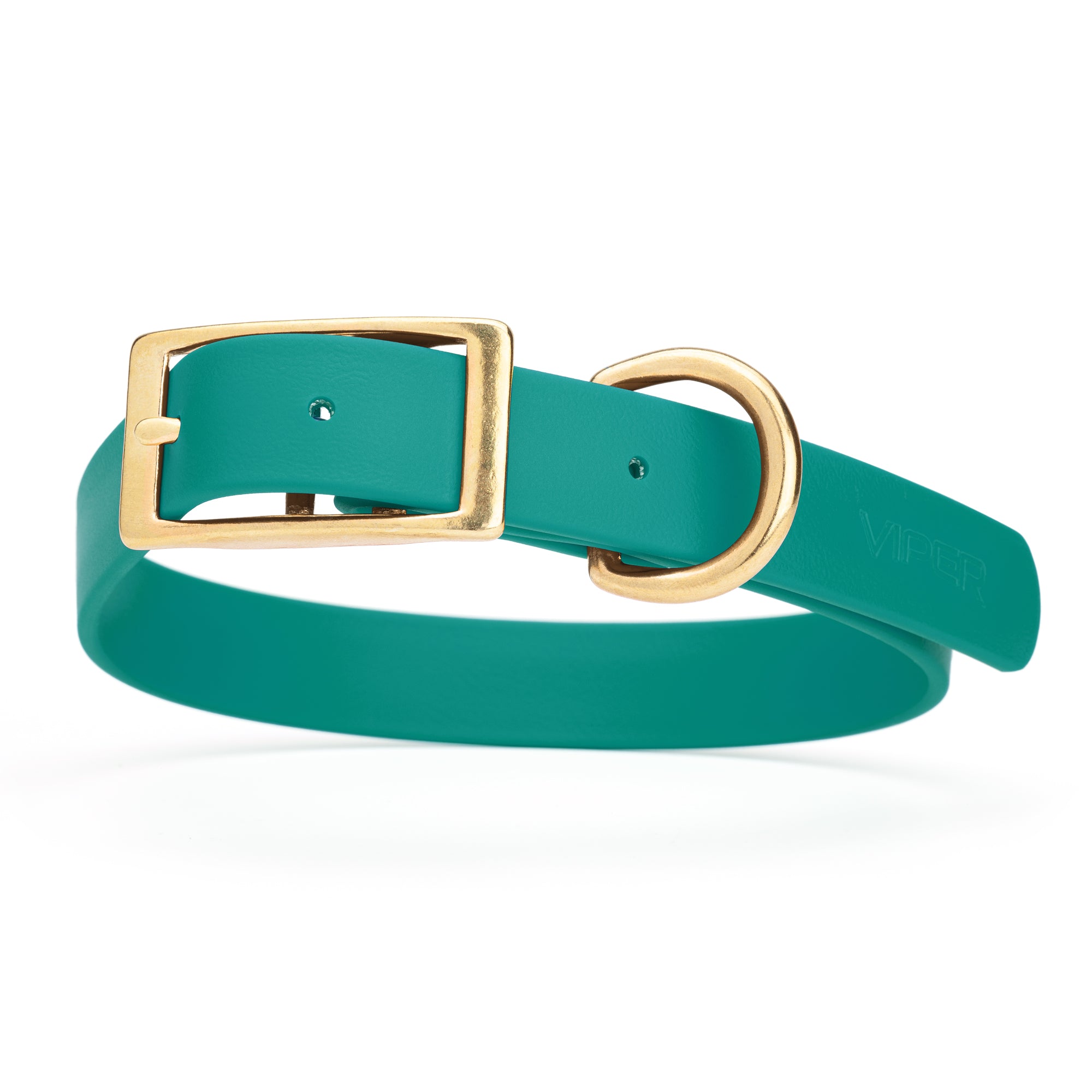 Aqua Blue dog collar with brass buckle and D-ring, made from waterproof Biothane, 1-inch wide, fits medium and large dogs