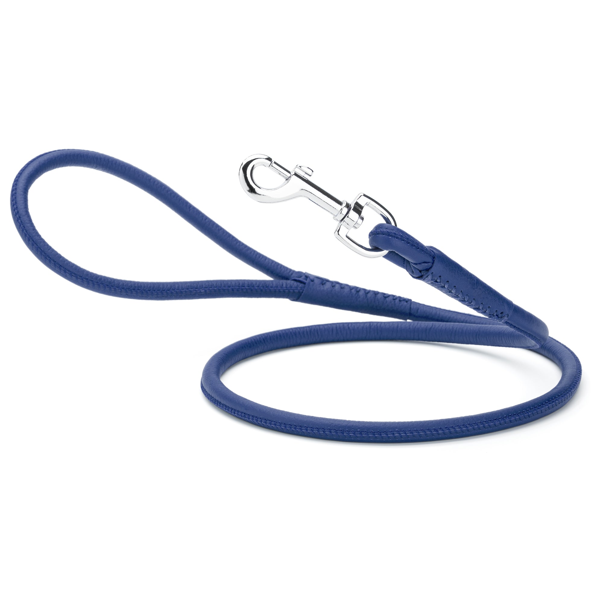 Blue leather dog leash with metal swivel snap hook, round design, 6 feet long