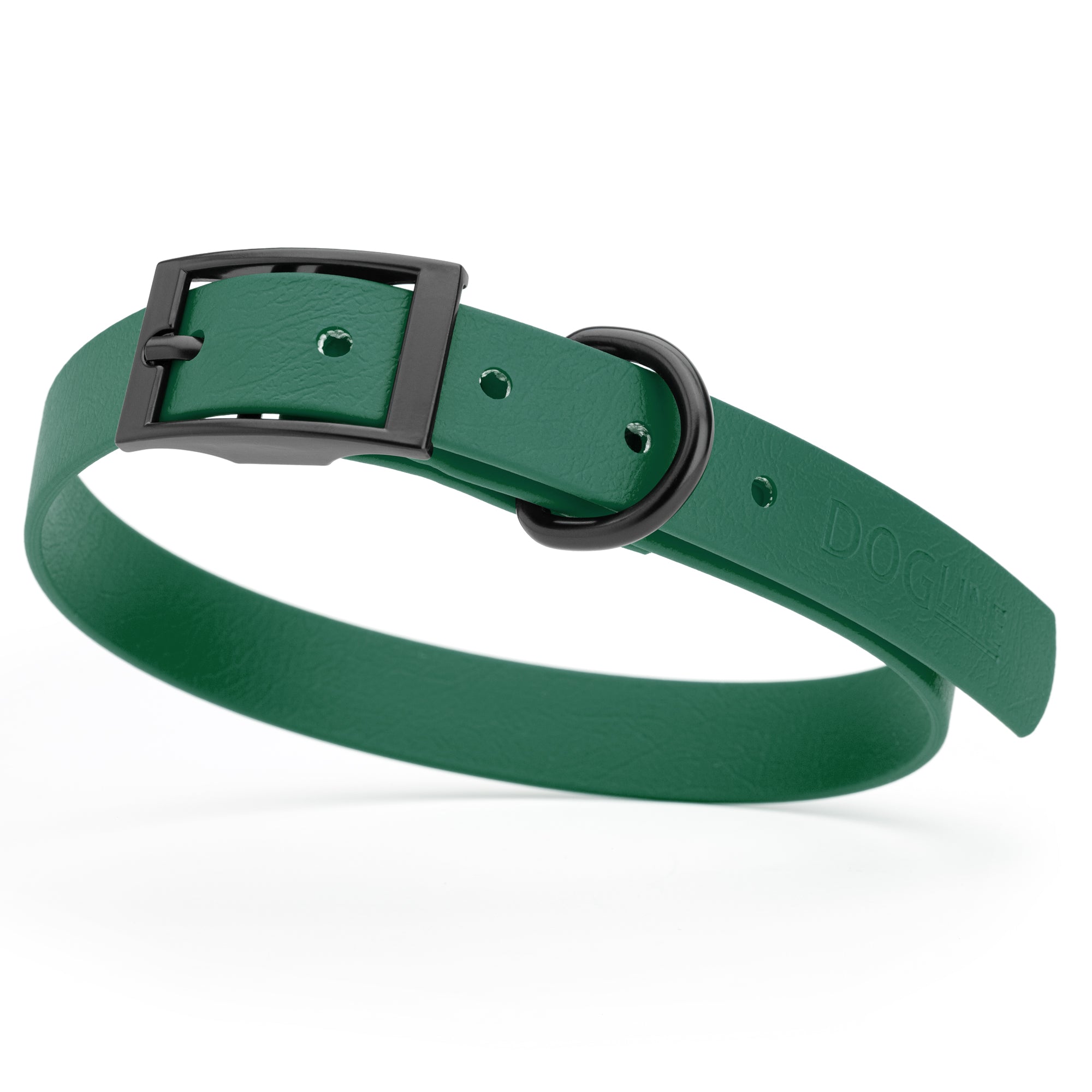 Hunter Green waterproof dog collar with black metal buckle and D-ring, made from BioThane, fits medium dogs