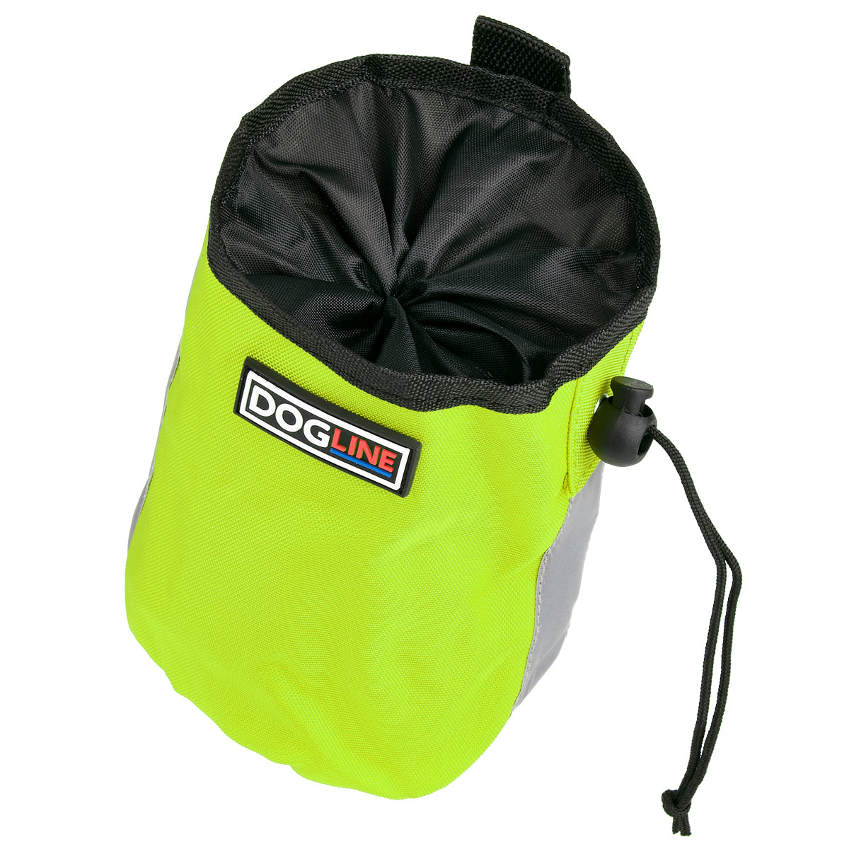 Lime green dog treat pouch with drawstring, reflective strip and waste bag dispenser