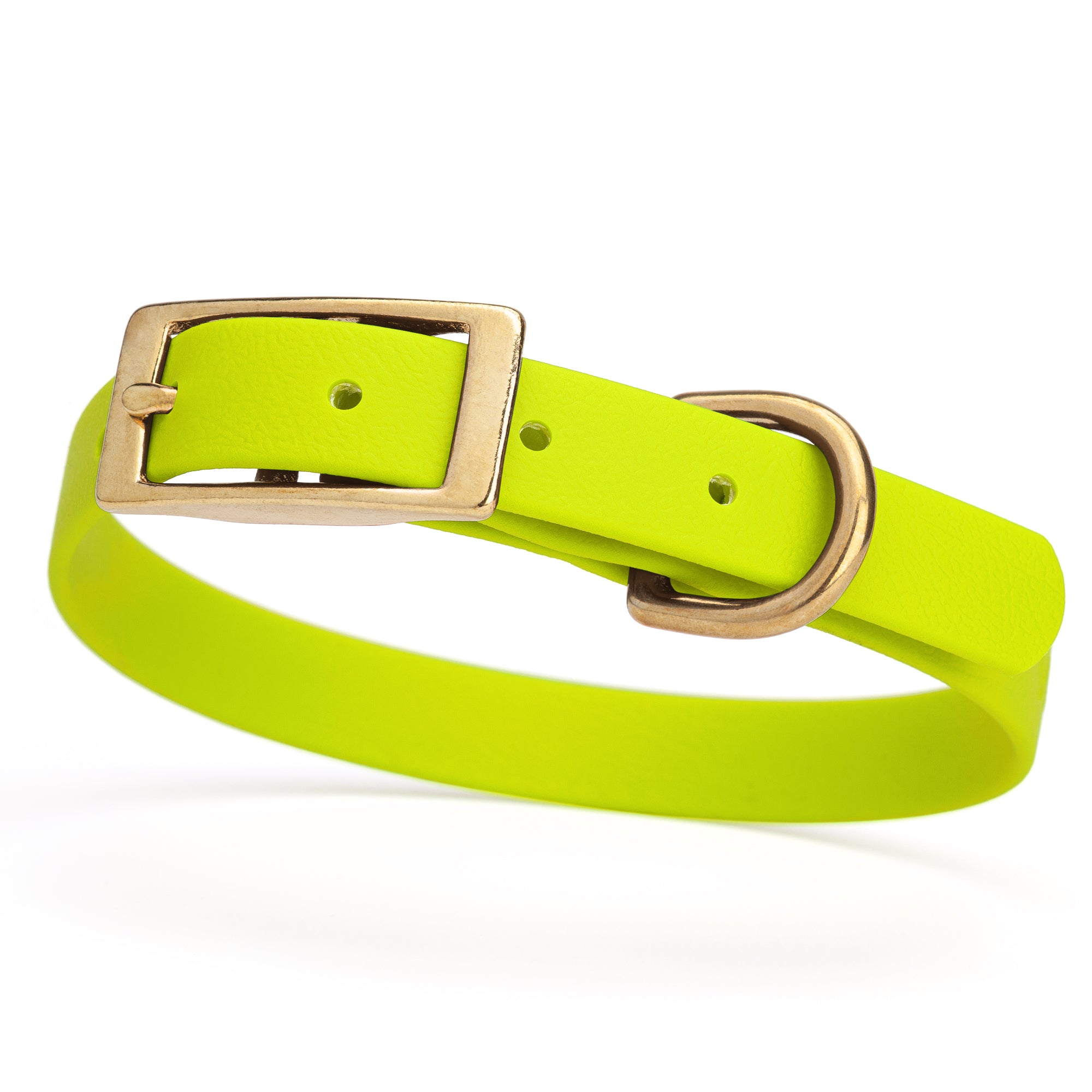 Safety Yellow collar for small dogs with brass buckle and D-ring, made from waterproof and smell proof Biothane, width 3/4 inch