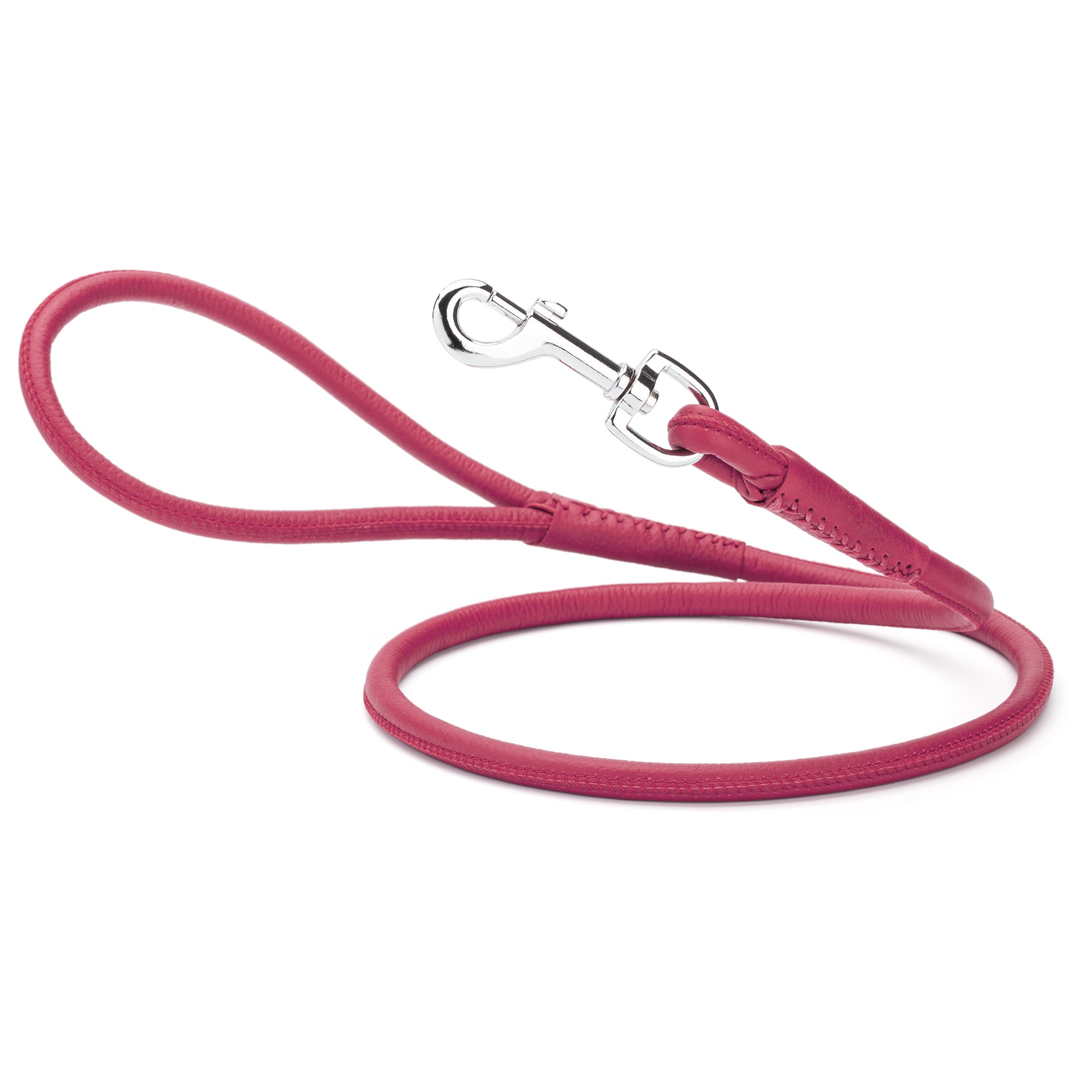 Pink leather dog leash with metal swivel snap hook, round design, 6 feet long
